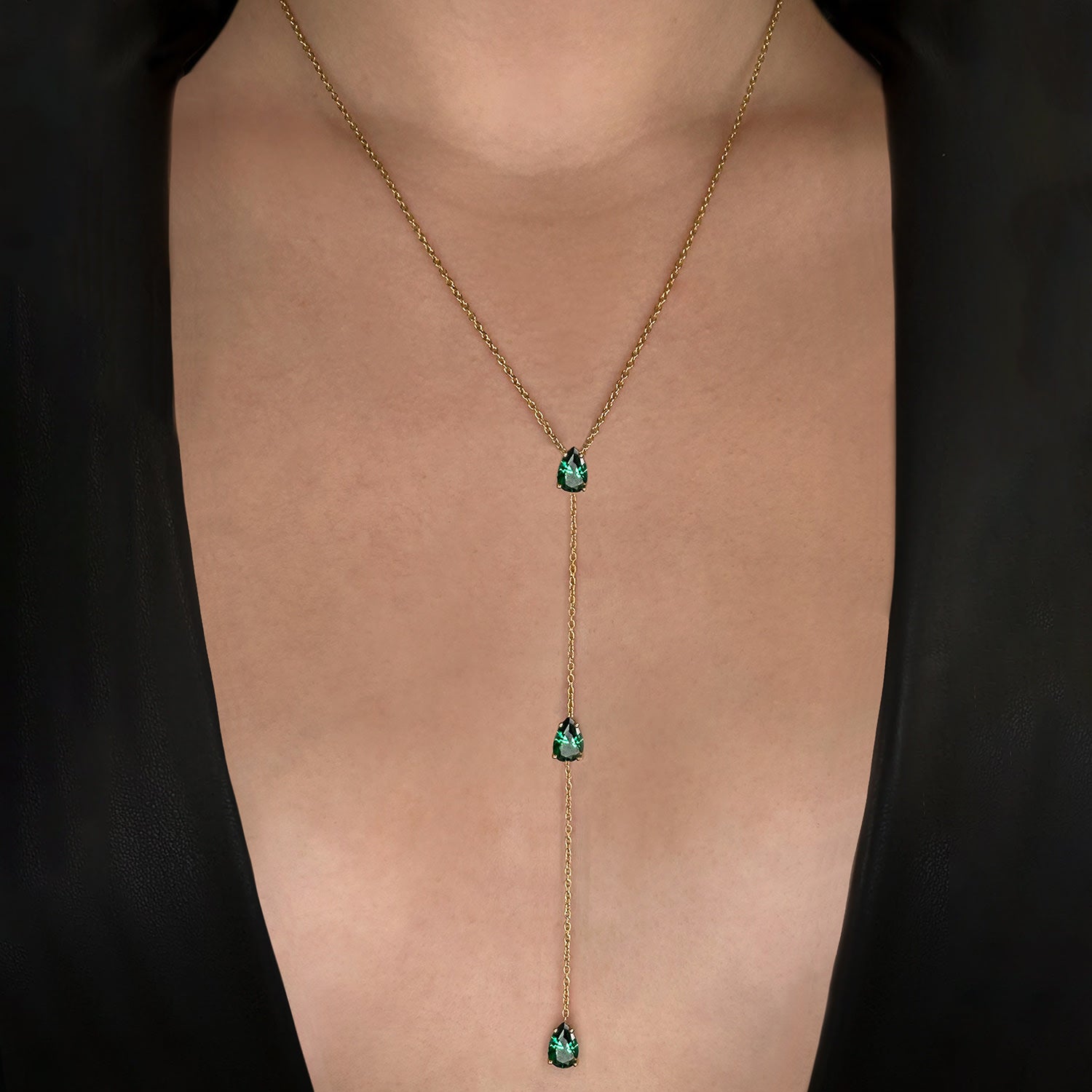 Pure Droplet Lariat With Man Made Emeralds In 18K Gold Vermeil