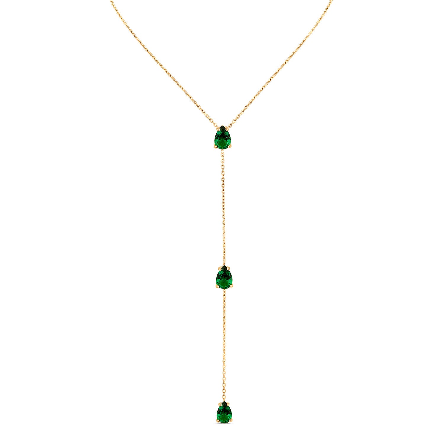 Pure Droplet Lariat With Man Made Emeralds In 18K Gold Vermeil