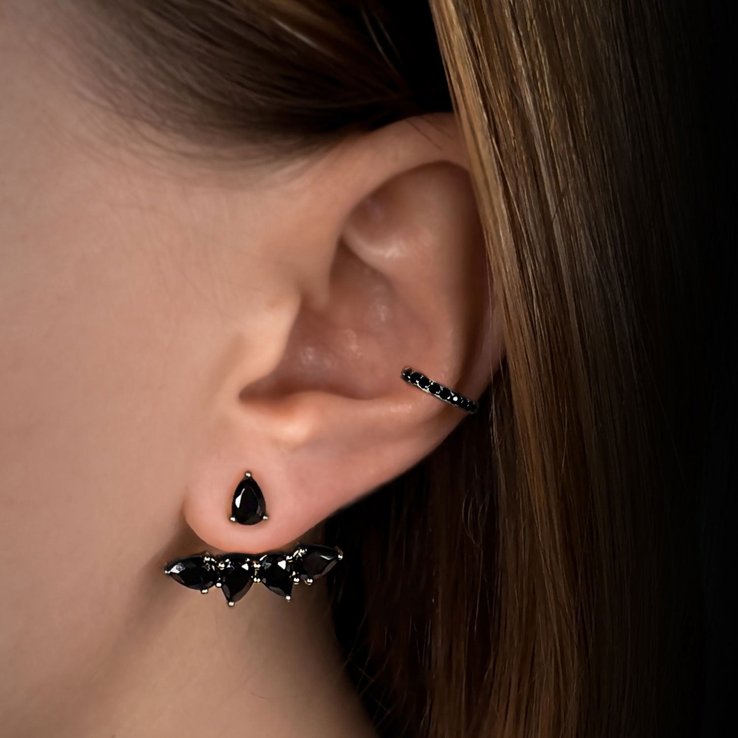 Pure Ear Jacket With Man Made Black Cz Diamond Stimulant In Sterling Silver &Black Rhodium