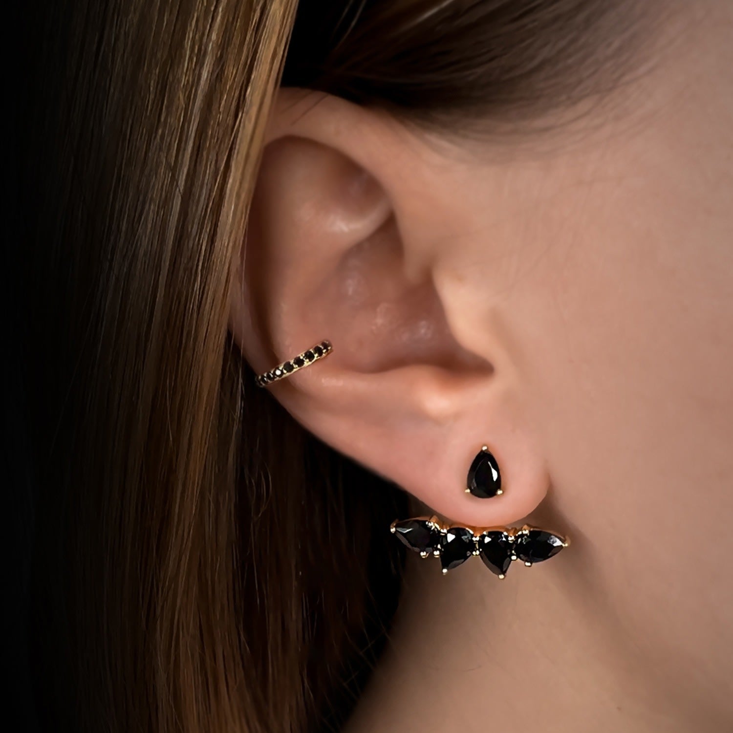 Pure Ear Jacket With Man Made Black Cz Diamond Stimulant In Sterling Silver & 18K Gold