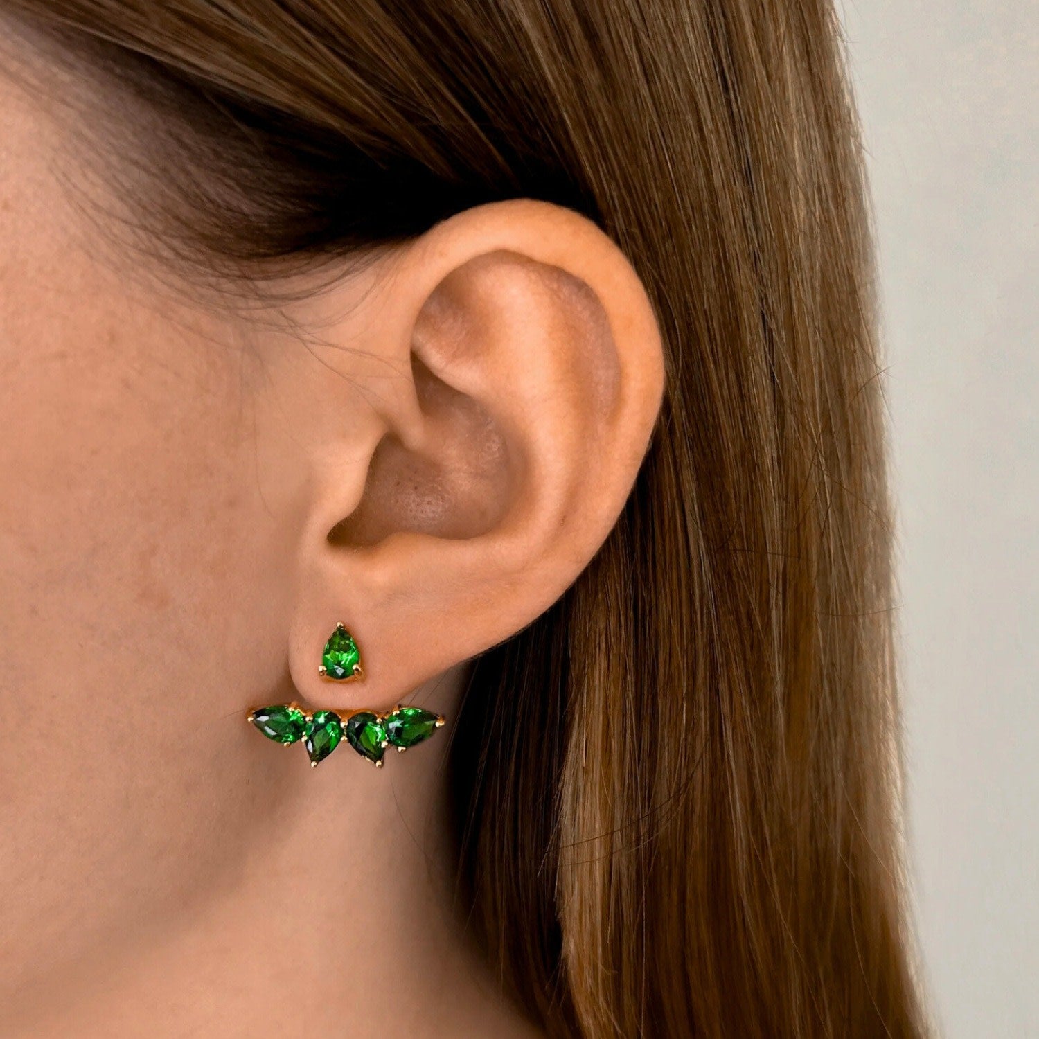 Pure Ear Jacket With Man Made Emeralds In 18K Gold