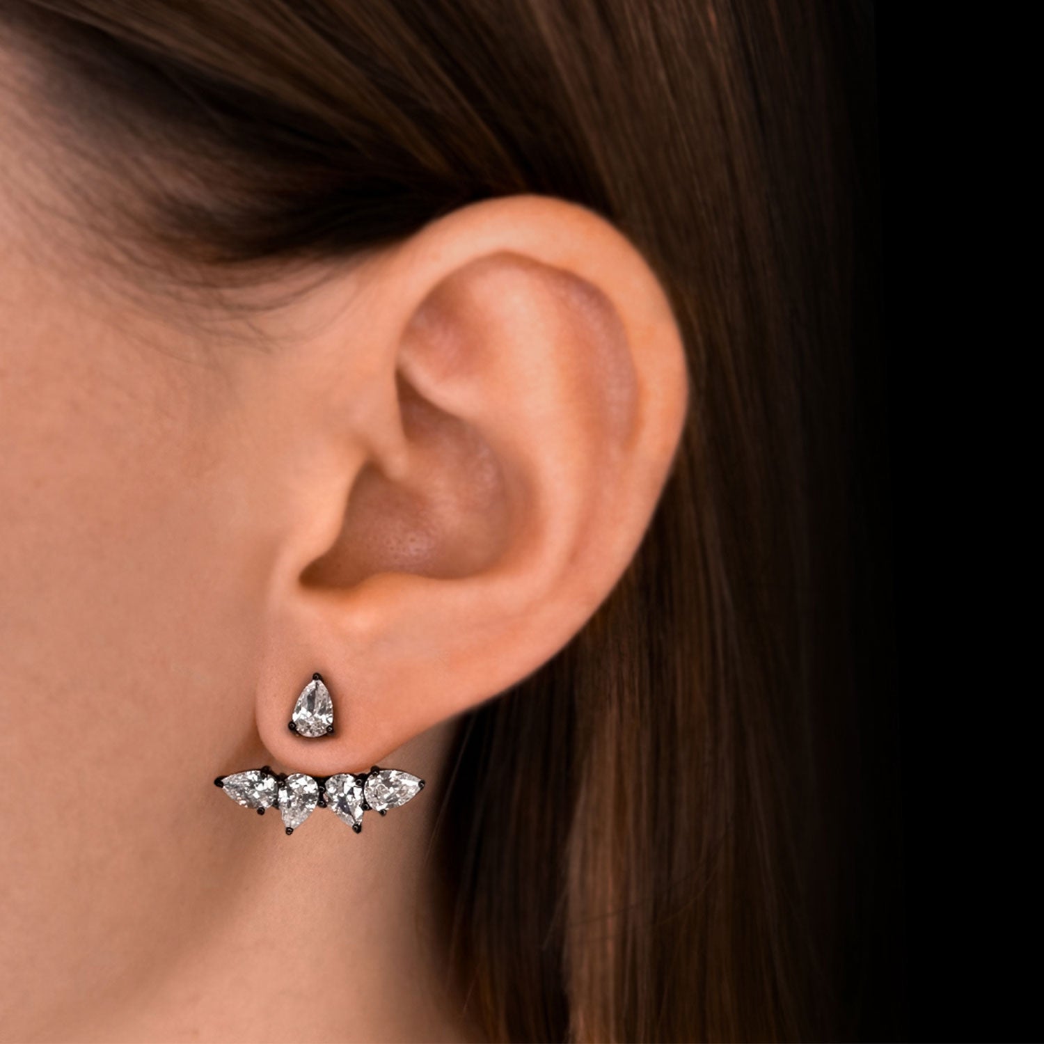 Pure Ear Jacket With Man Made Cz Diamond Stimulant In Sterling Silver & Black Rhodium