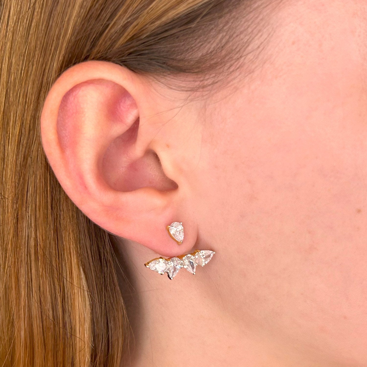 Pure Ear Jacket With Man Made Cz Diamond Stimulant In Sterling Silver & 18K Gold