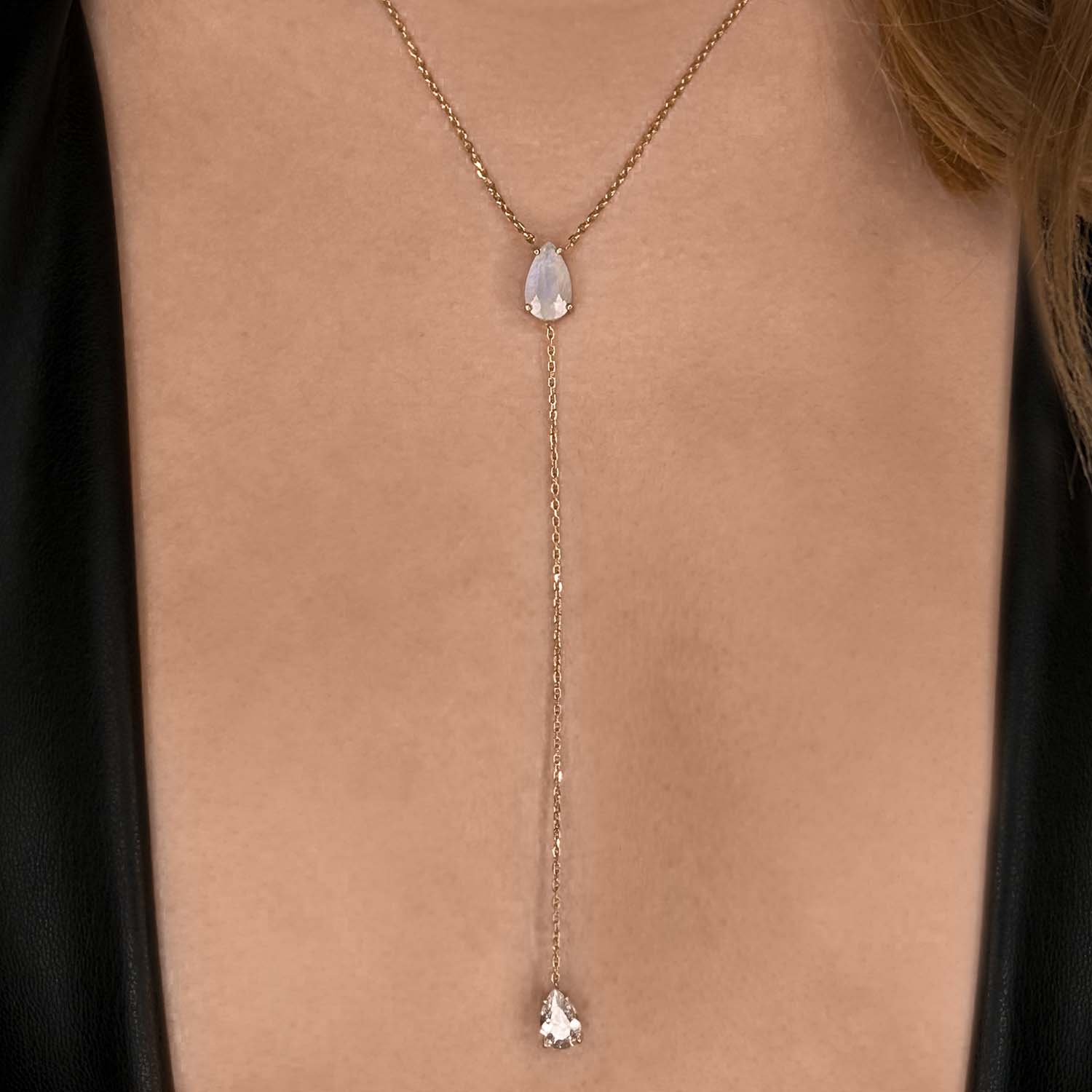 Pure Lariat With Natural Moonstone & Man Made Cz Diamond Stimulant In Sterling Silver & 18K Gold Vermeil