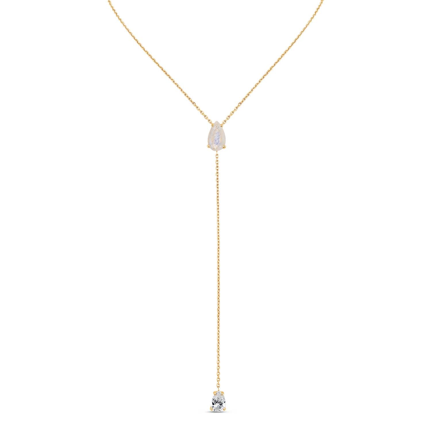 Pure Lariat With Natural Moonstone & Man Made Cz Diamond Stimulant In Sterling Silver & 18K Gold Vermeil