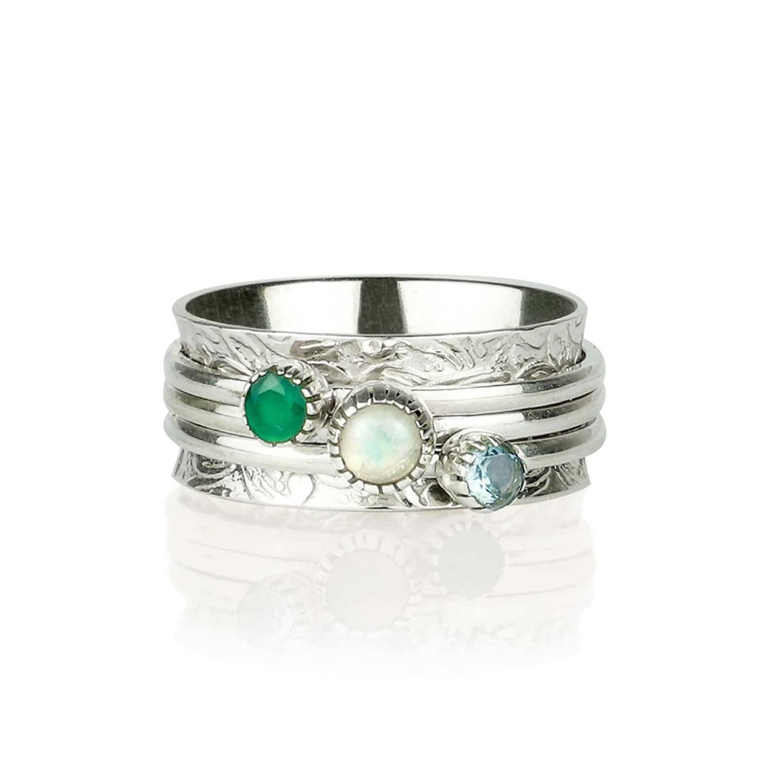 Pure Soul Silver Spinning Ring - Green Onyx, Opal And Swiss Blue Topaz