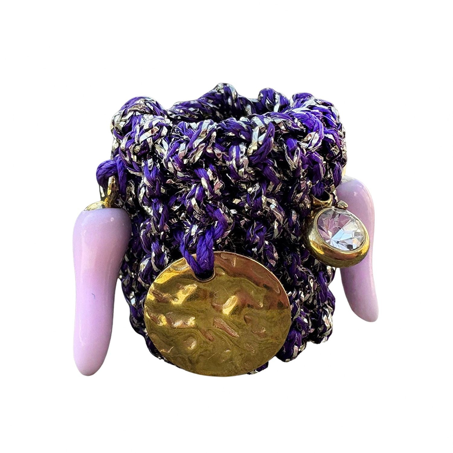 Purple And Gold Handknitted Ring - With Charms - Elastic