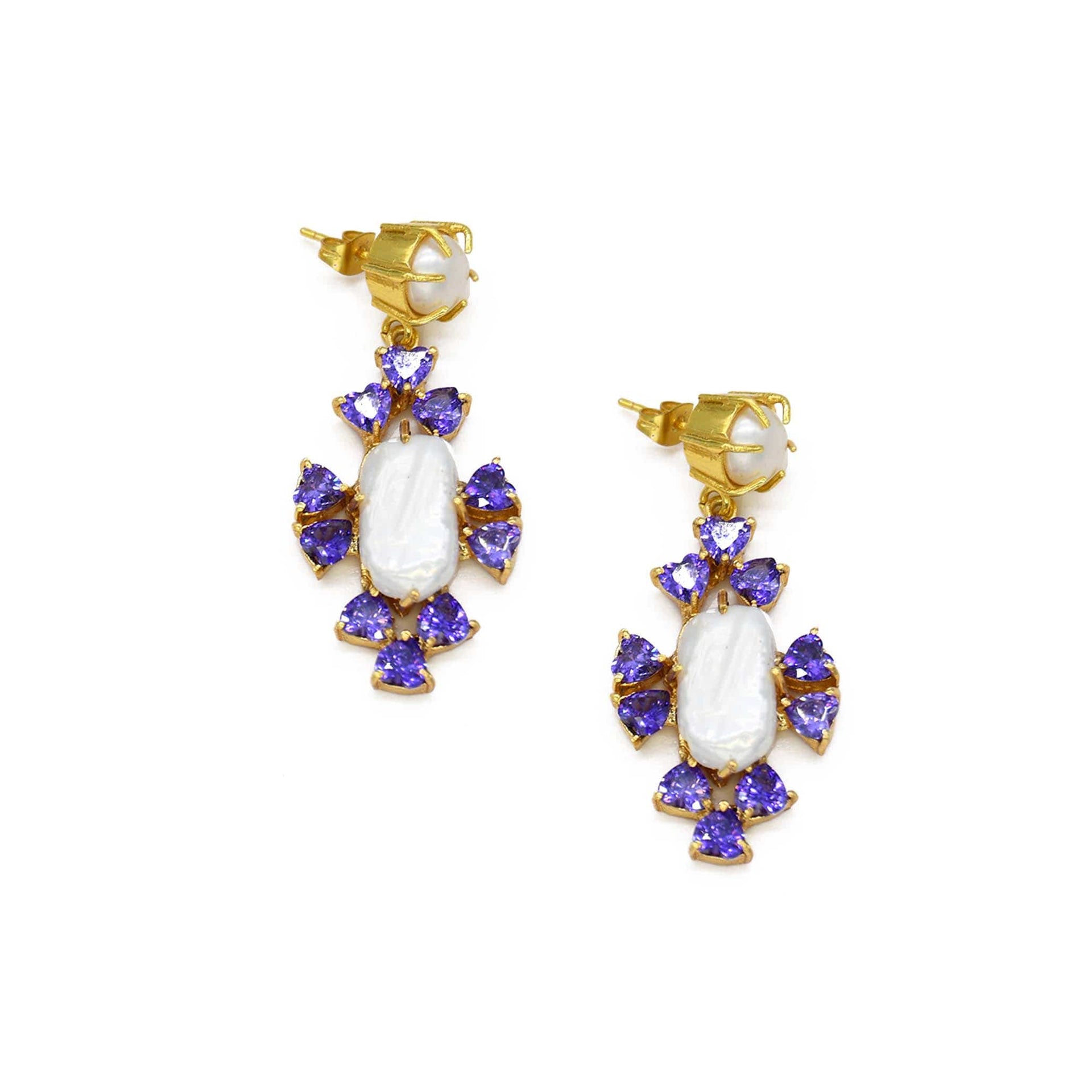 Purple Cubic Zircon & Baroque Pearls Handmade Drop Earrings
