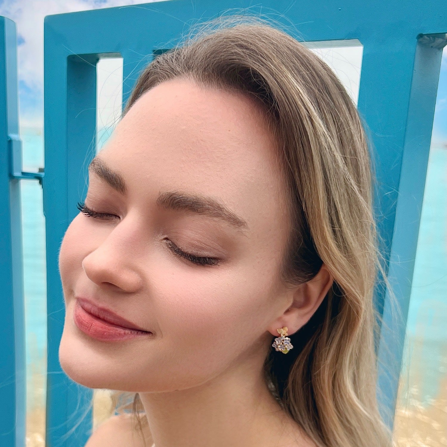 Purple Flower With Butterfly Stud Earrings