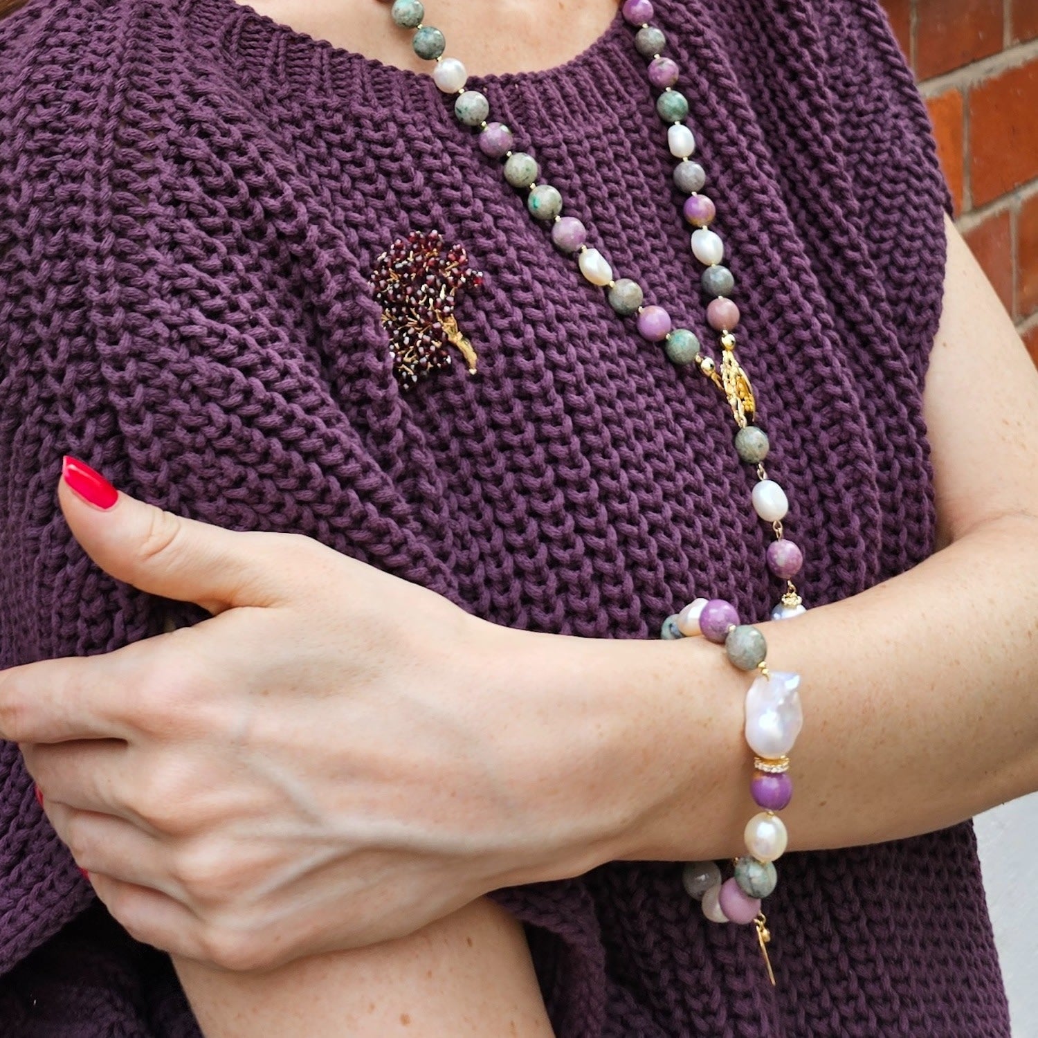 Purple Gemstone With Baroque Pearl Bracelet