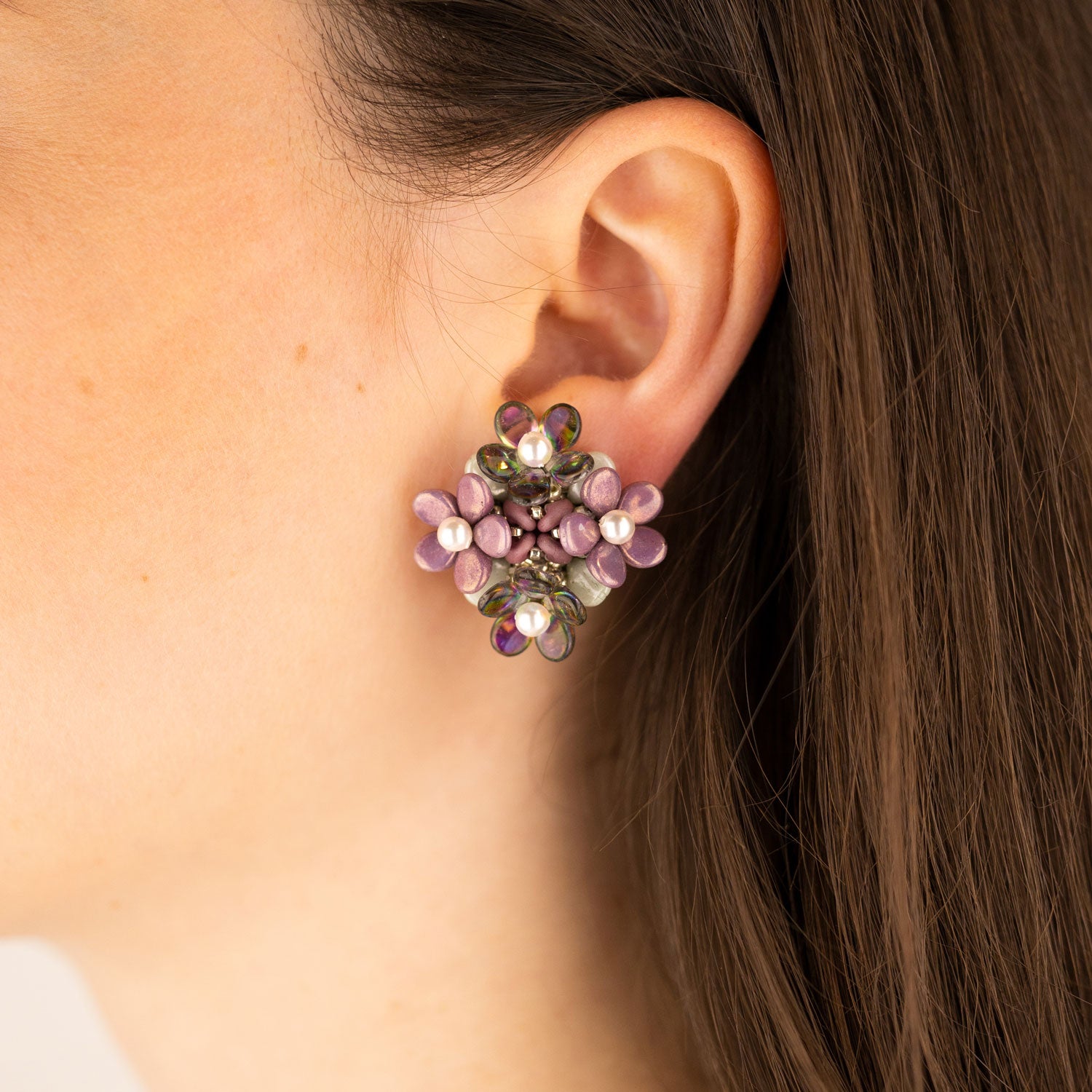 Purple Glass Beads Sterling Silver Studs Flowers Earrings