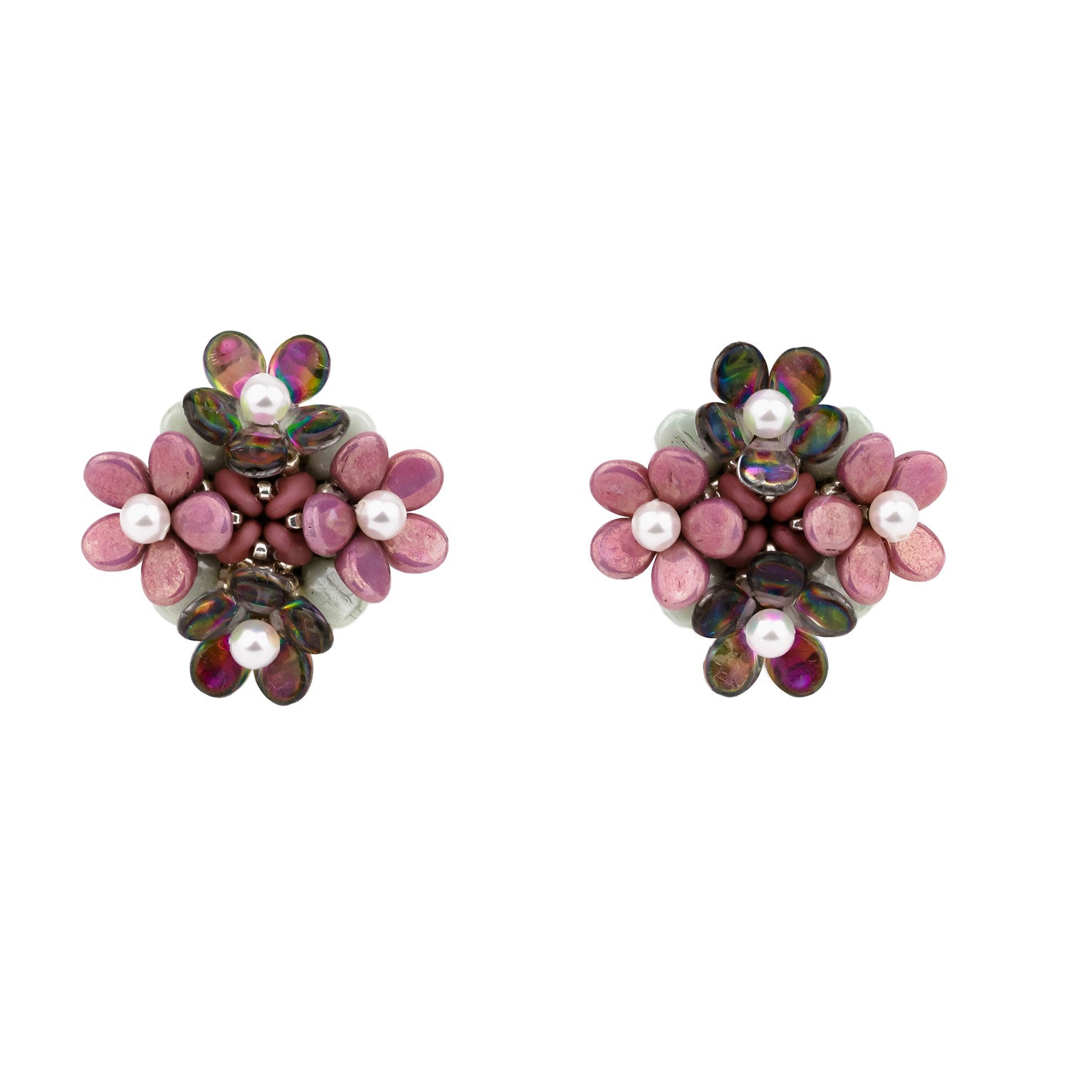 Purple Glass Beads Sterling Silver Studs Flowers Earrings