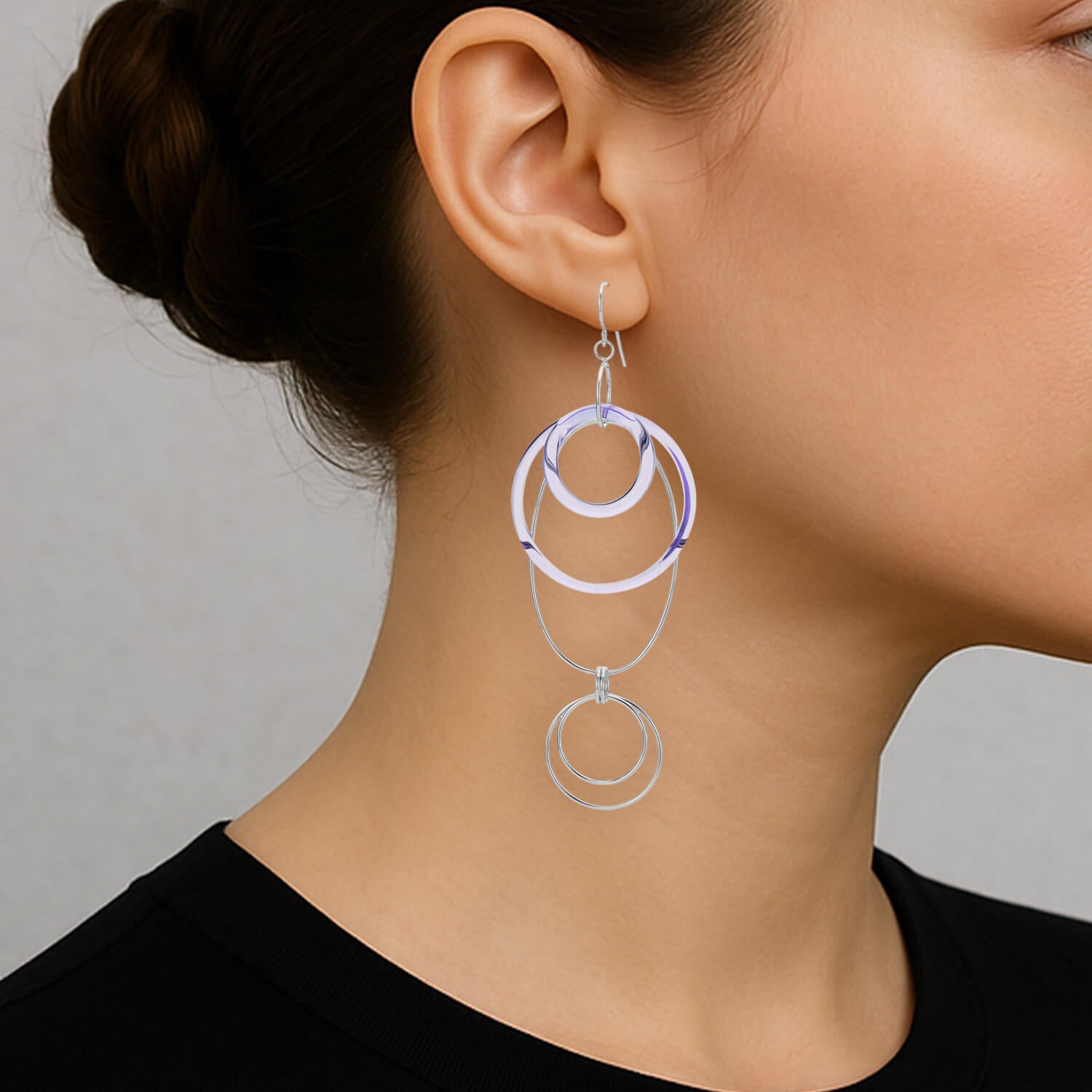 Purple & Silver Oval Drop Earrings