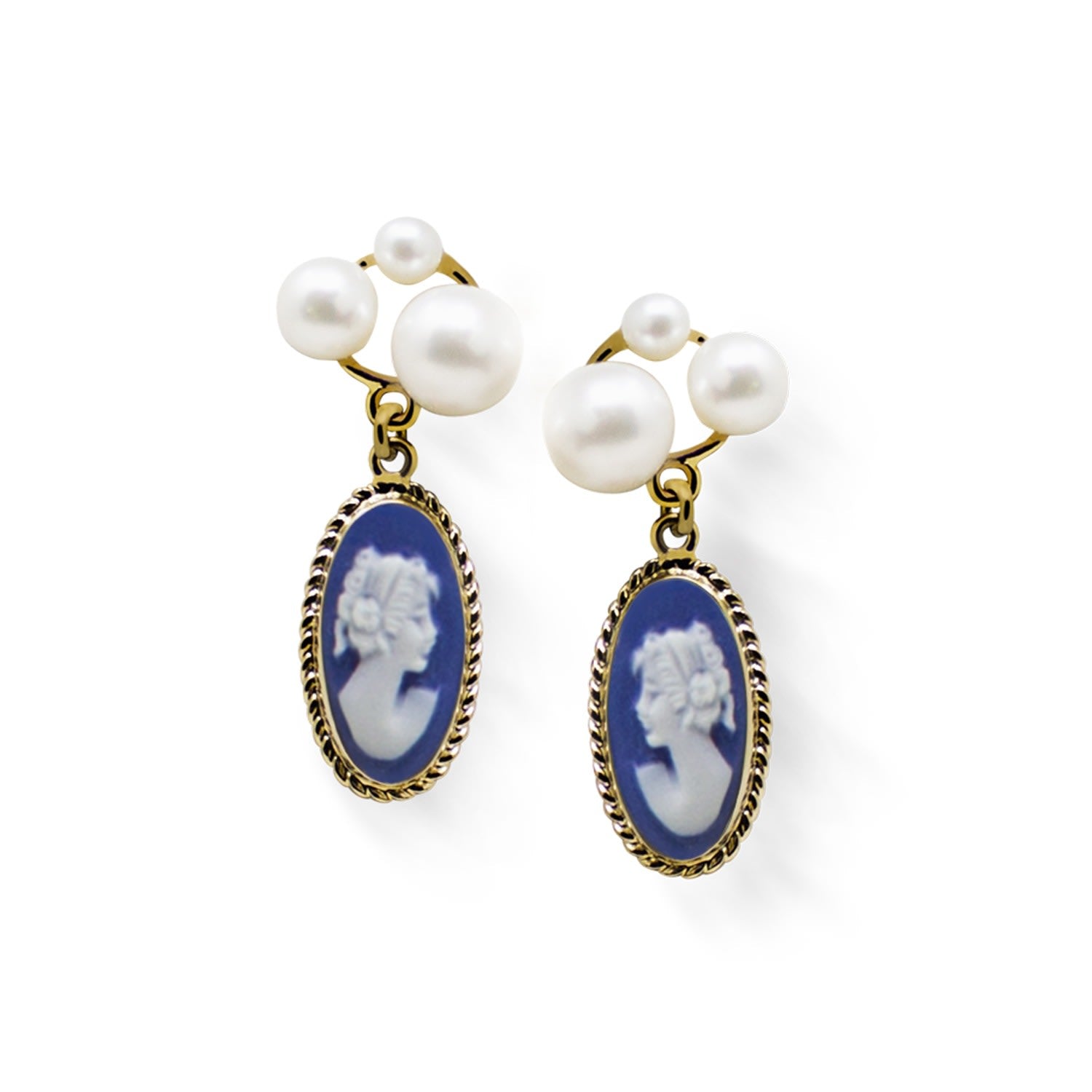 Lilith Gold-Plated Blue Cameo And Pearl Stud Earrings