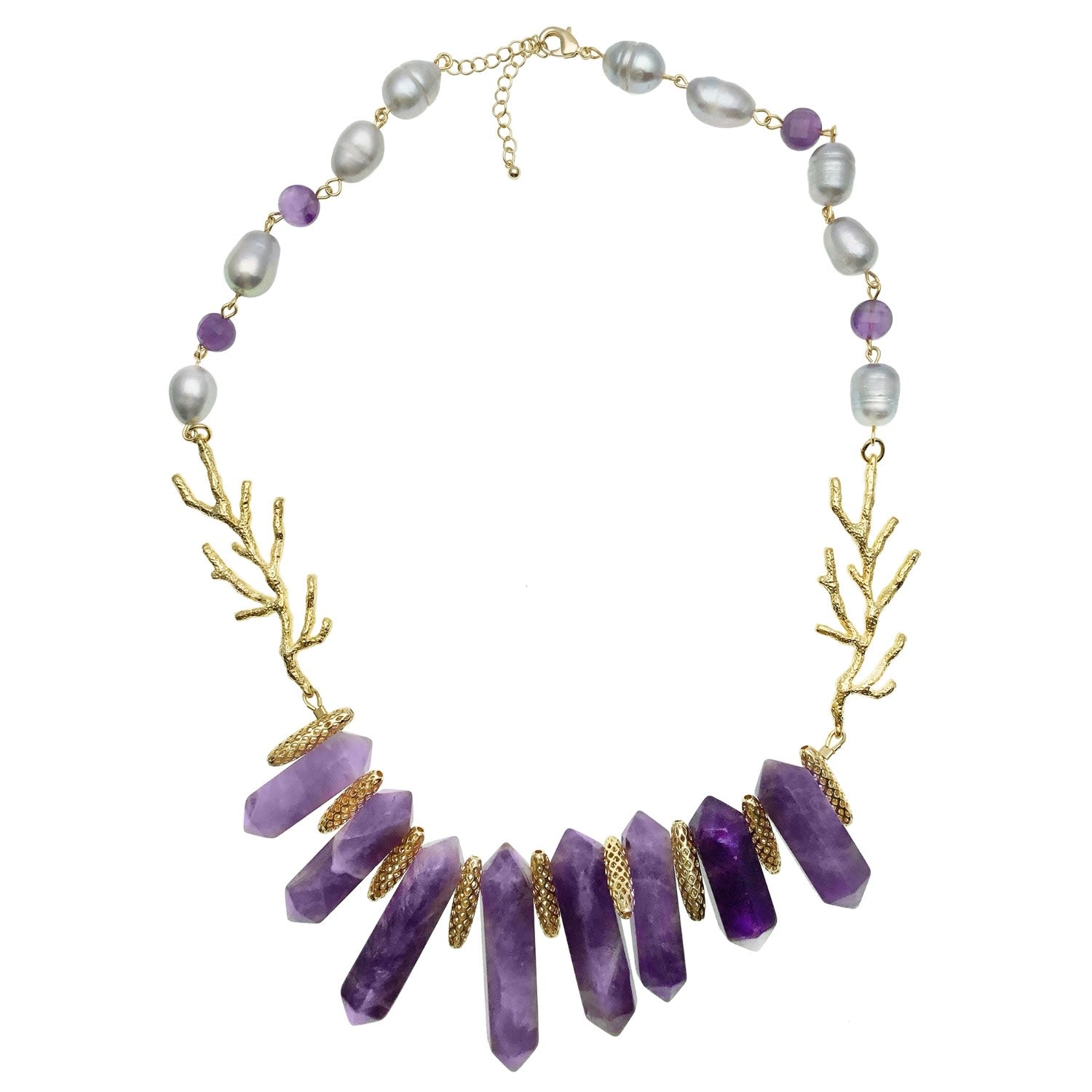 Amethyst With Gray Freshwater Pearl Statment Necklace