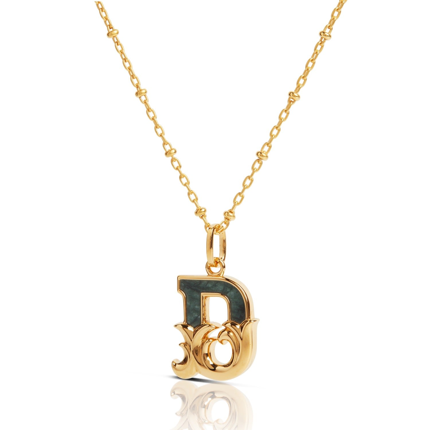 Gold Plated D Initial Necklace With Green Marble
