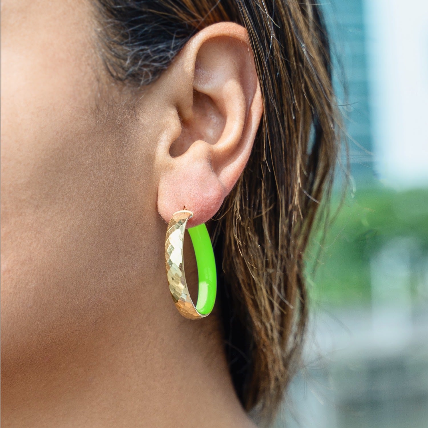 Hammered Hoop Earrings With Neon Green Enamel