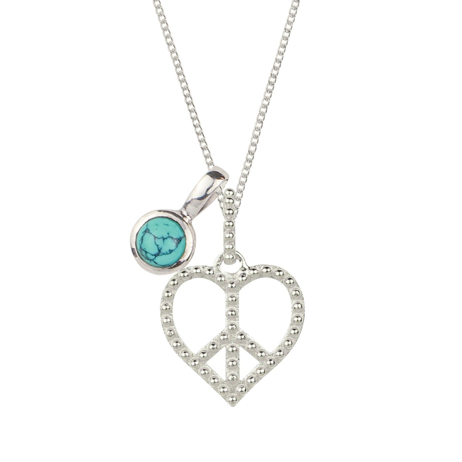 Peace Heart Silver Necklace With Turquoise Birthstone Charm