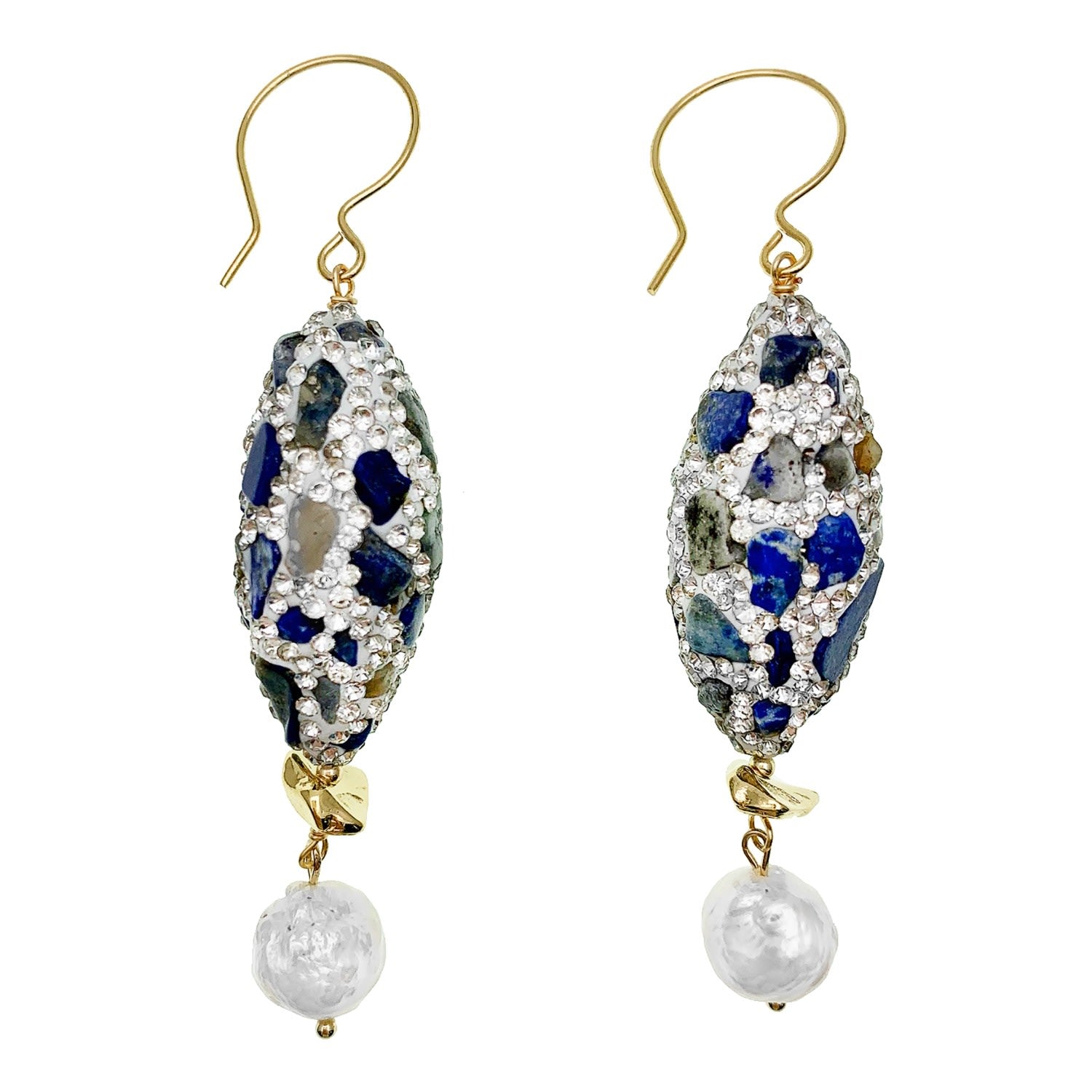 Rhinestones Bordered Lapis With Freshwater Pearls Dangle Earrings