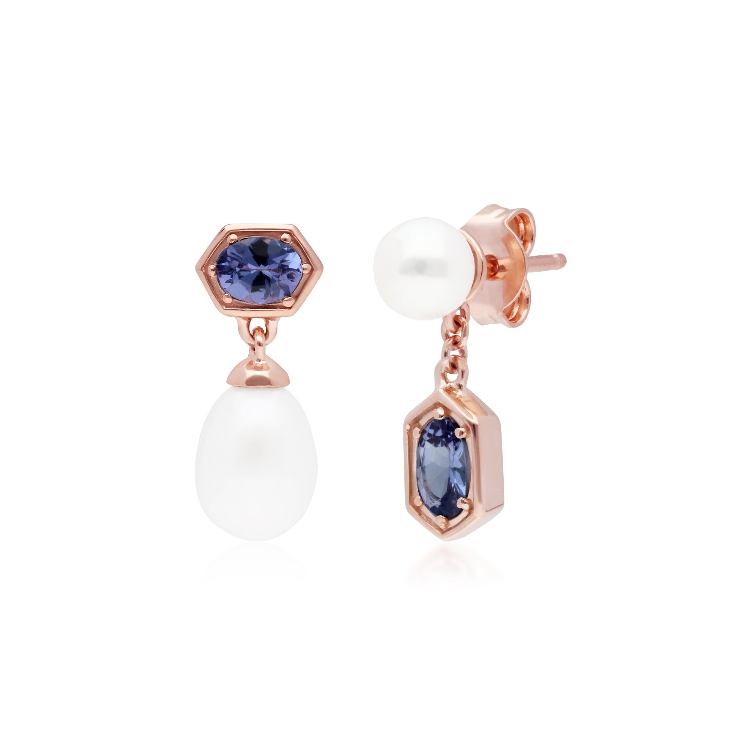 Mismatched Tanzanite Pearl Dangle Earrings Rose Gold Plated