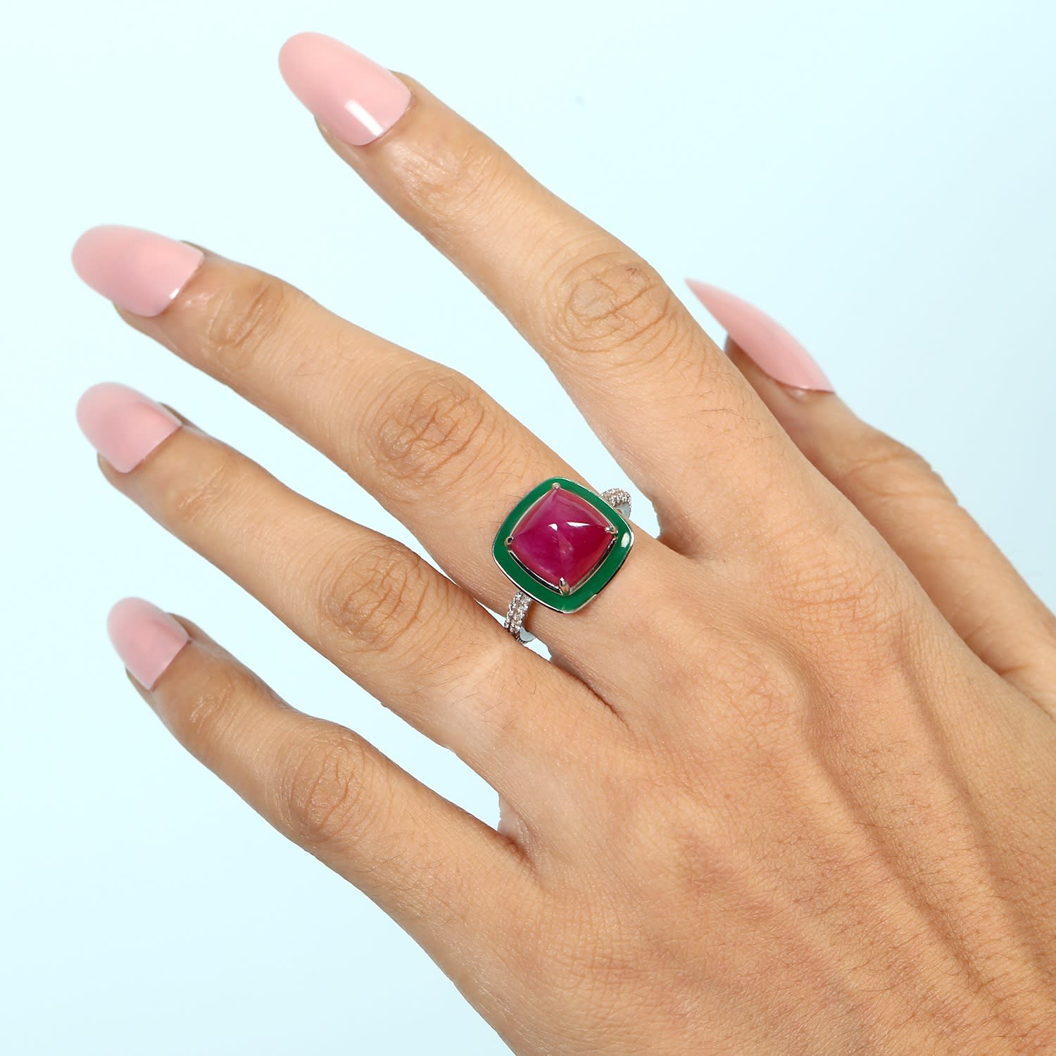Pyramid Ruby & Diamond Enamel Statement Cocktail Ring – White Gold