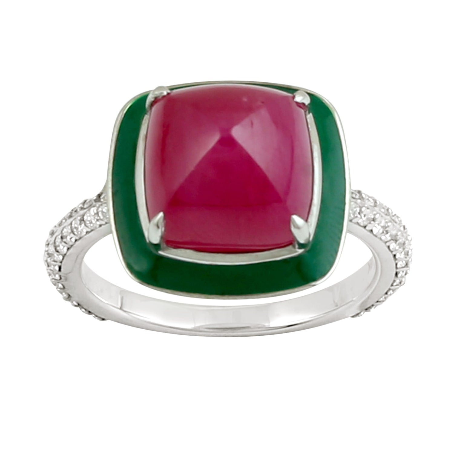 Pyramid Ruby & Diamond Enamel Statement Cocktail Ring – White Gold