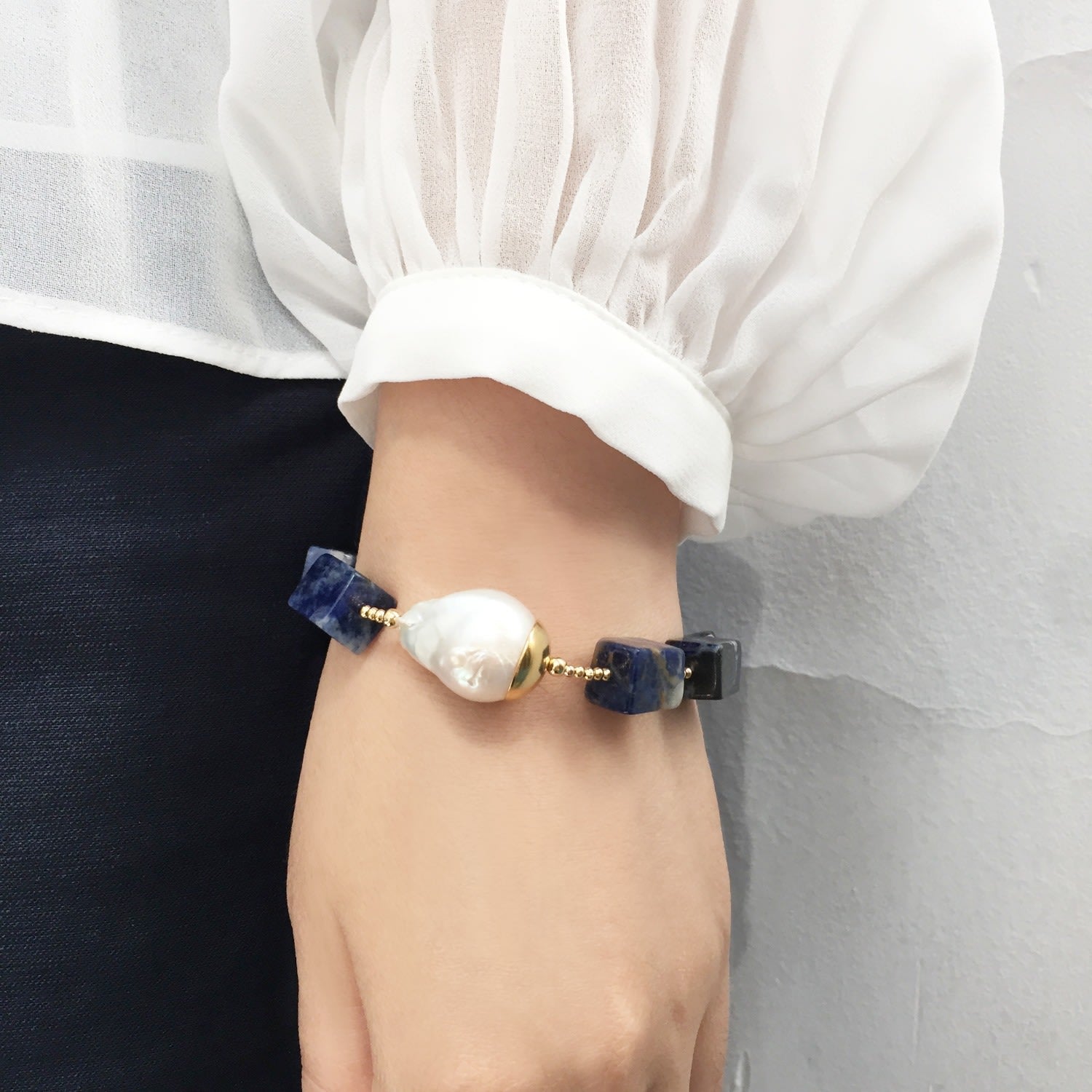 Square Lapis Lazuli With Baroque Pearl Bracelet