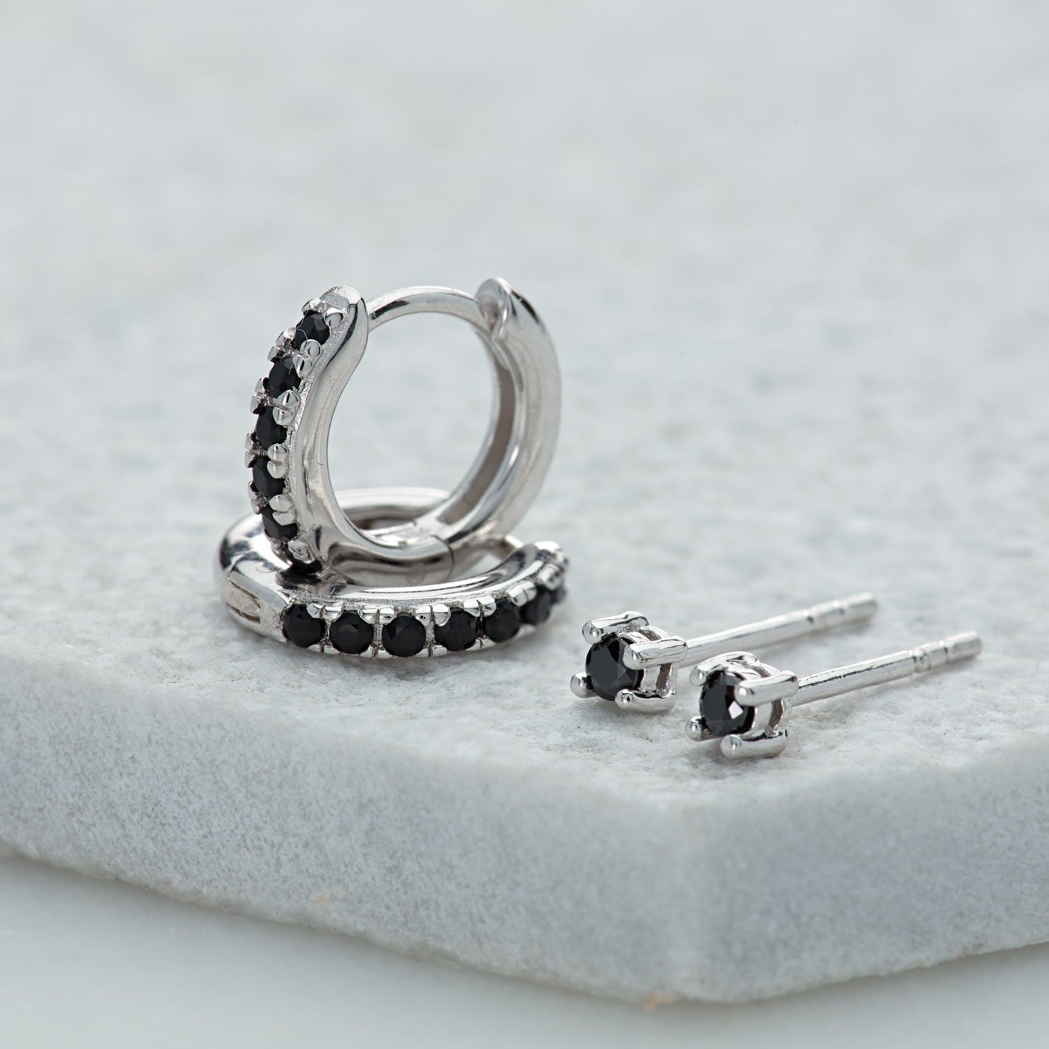 Silver Black Stone Huggie & Tiny Stud Set Of Earrings