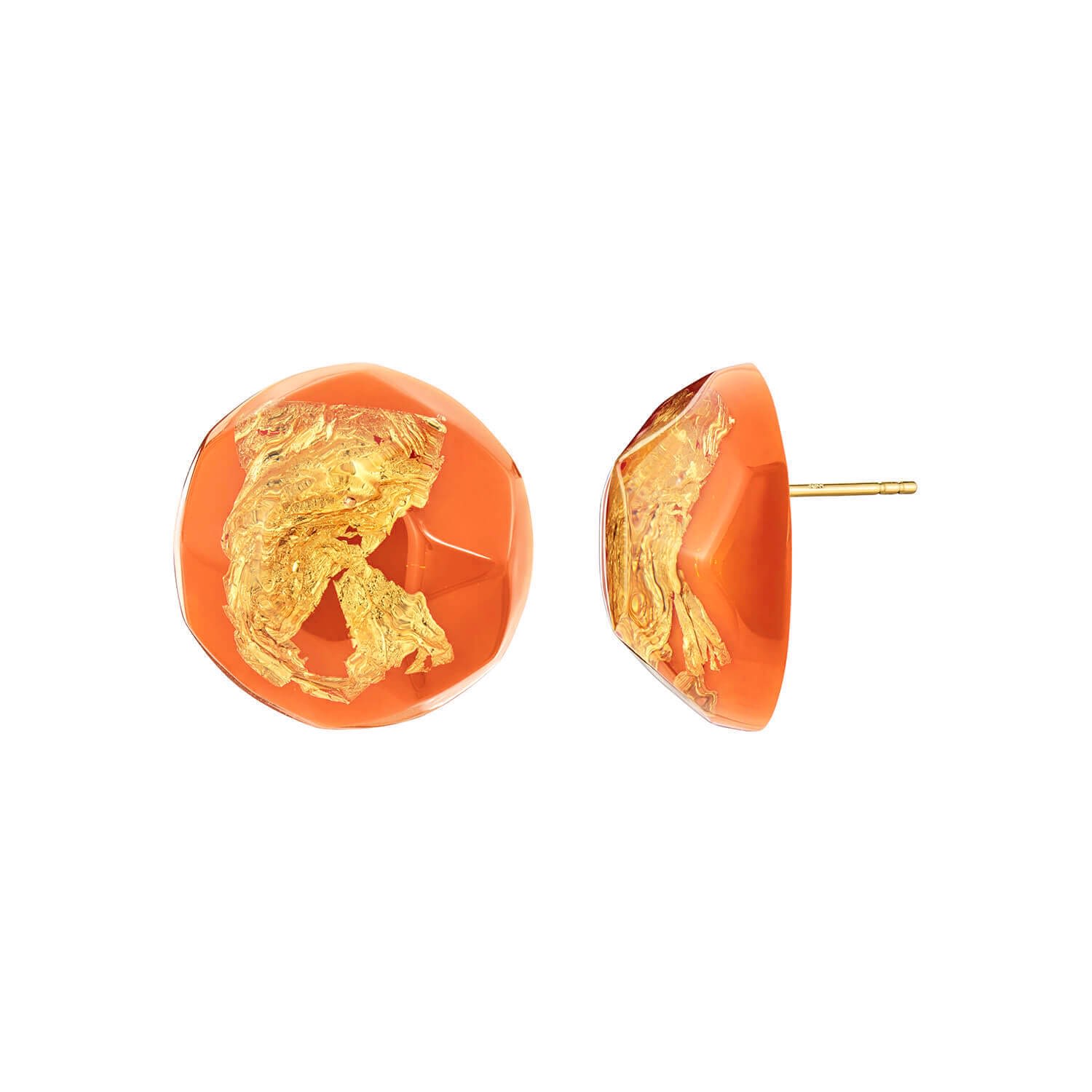 24K Gold Leaf Button Stud Earrings In Living Coral