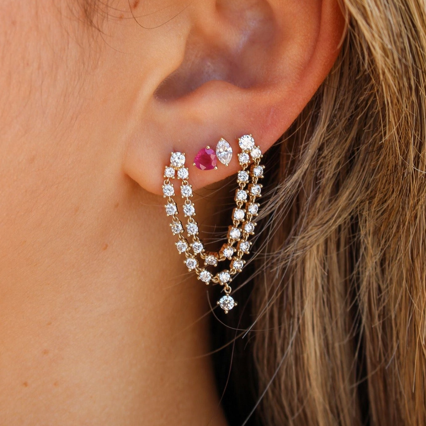 Gold Double Diamond Connecting Earring with Diamond Drop