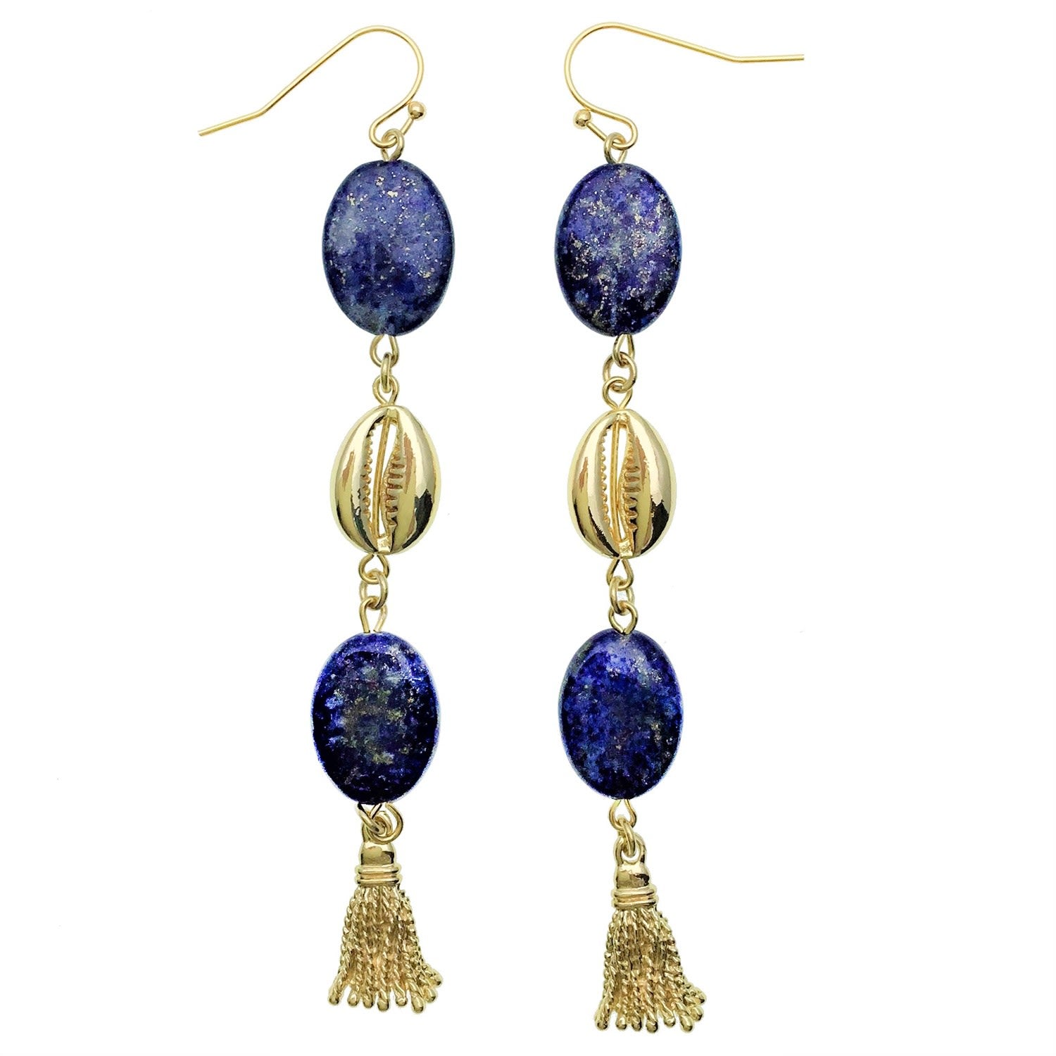 Oval Lapis With Shell Charm Elongated Earrings