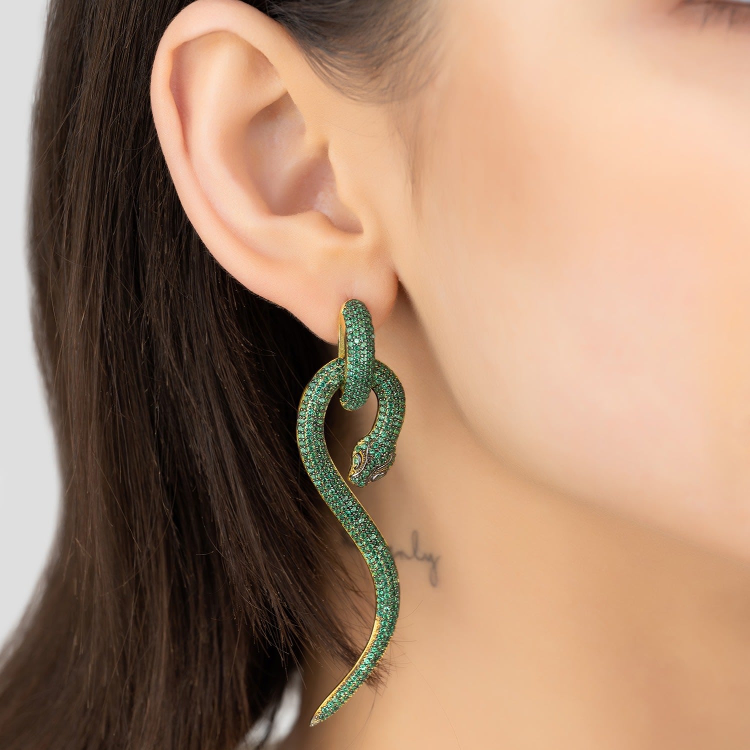 Anaconda Snake Drop Earrings Gold Emerald