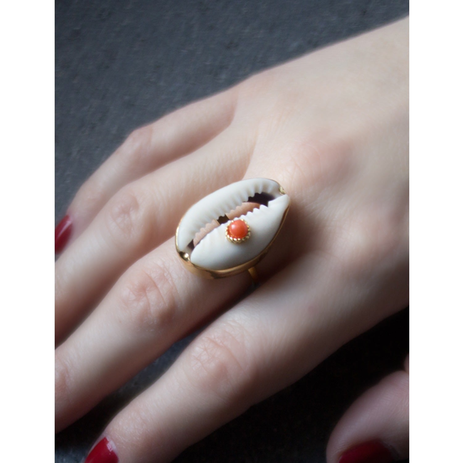 Coral & Cowrie Shell Ring