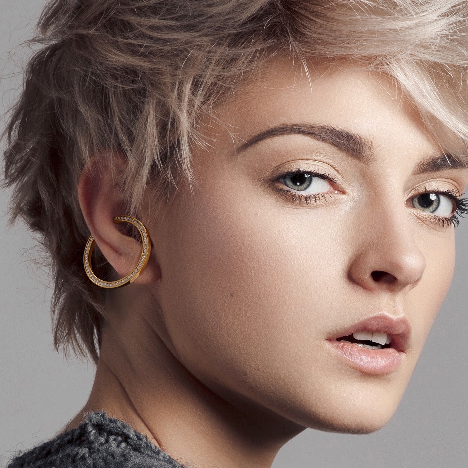 Large Hoop And Cuff Earrings With Pave Cz - Gold