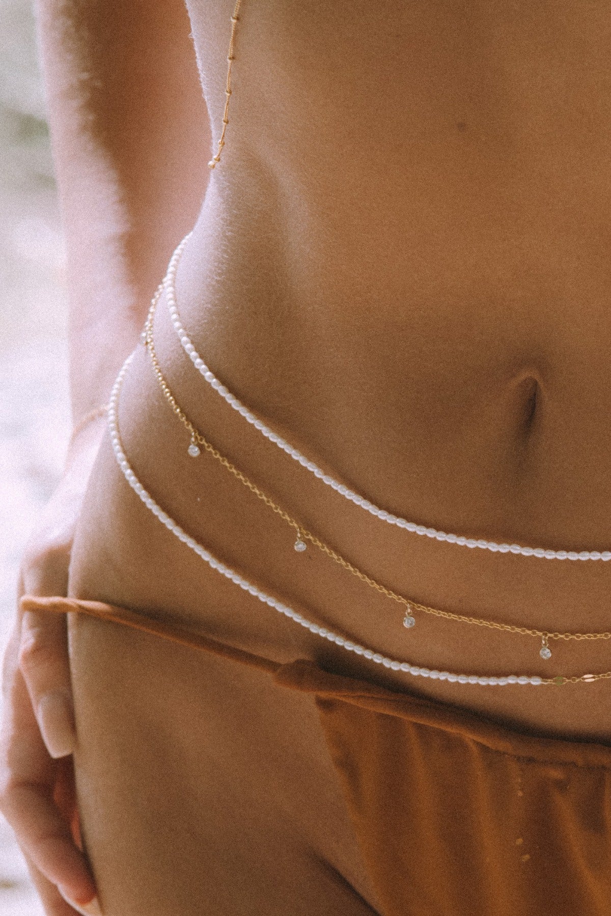 Brigitte Pearl Gold & Cz Gemstone Multiwear Belly Chain And Necklace