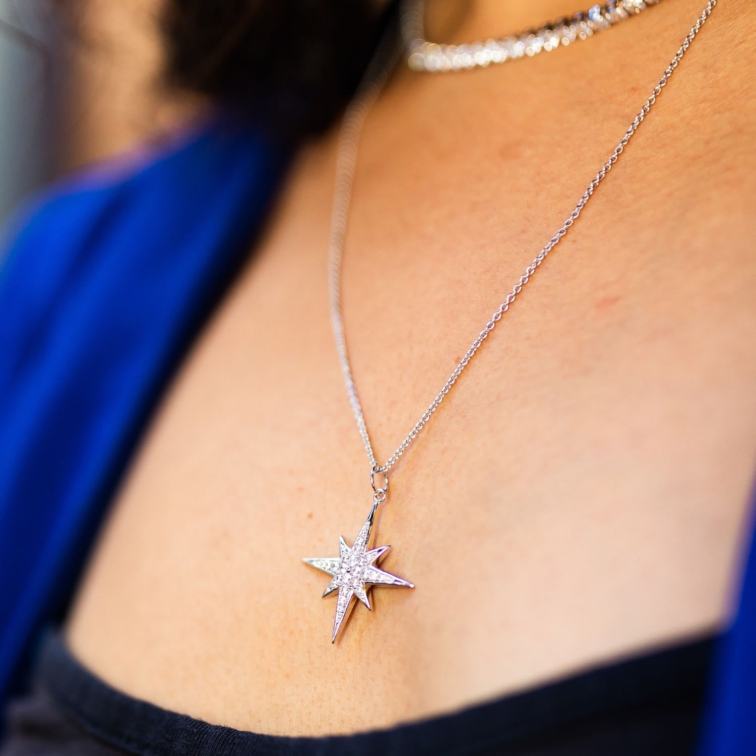 Silver Large Sparkling Starburst Necklace With Slider Clasp