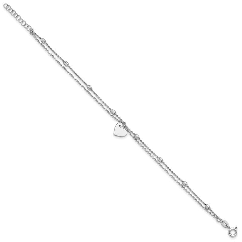 Sterling Silver Rhod-pltd Brushed Heart Beaded 7.25in w/1in ext Bracelet