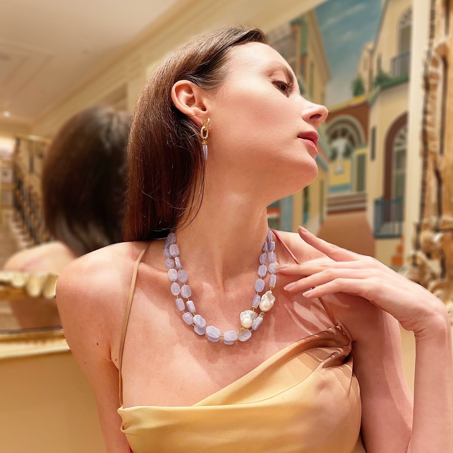 Blue Lace Agate Double Strands Statement Necklace