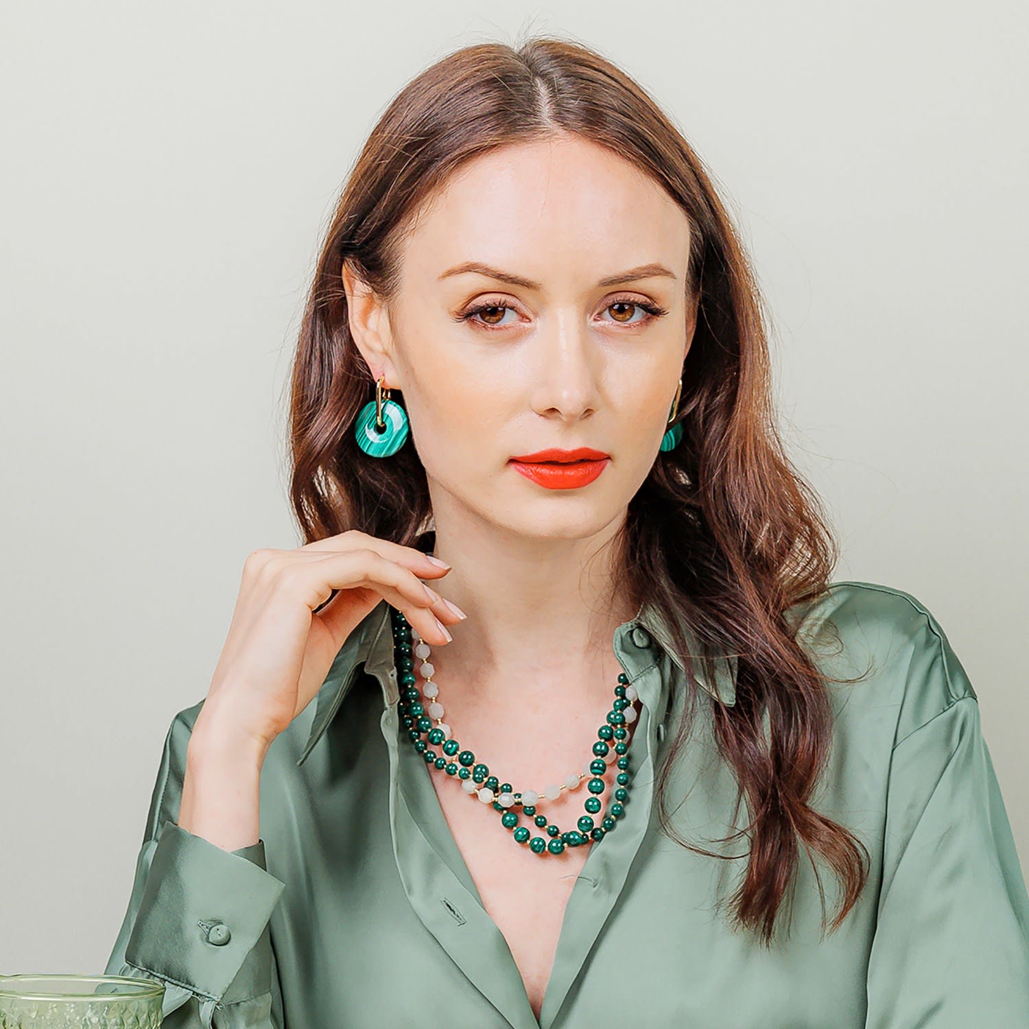 Malachite With Moonstone Triple Strands Necklace