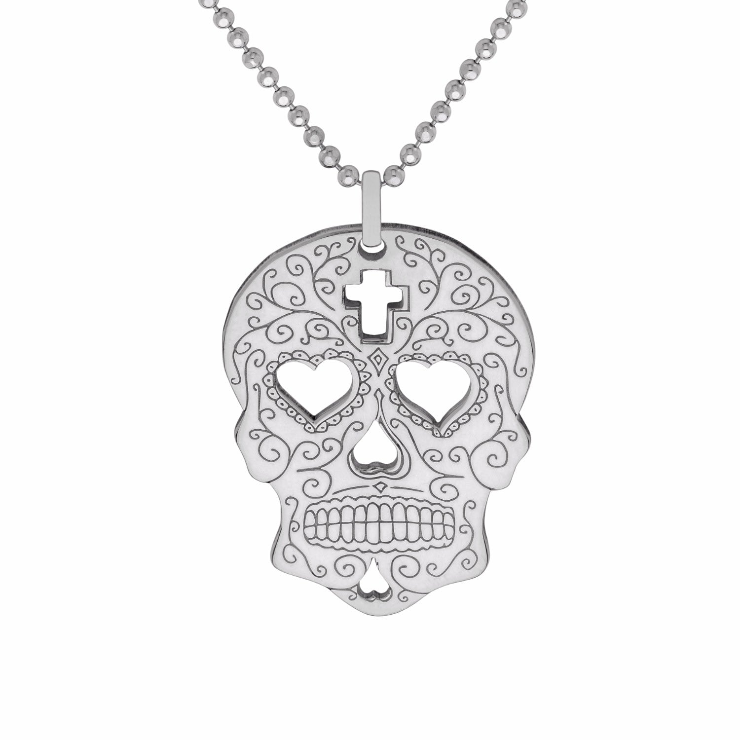 Medium Silver Sugar Skull With Heart Eyes Pendant Necklace