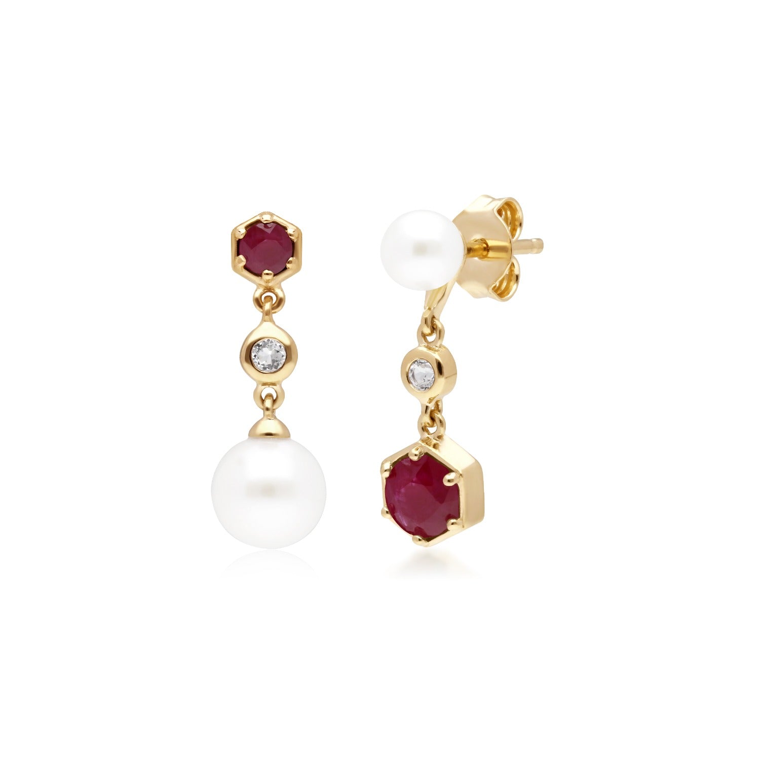 Modern Pearl Ruby Topaz Mismatched Drop Earrings