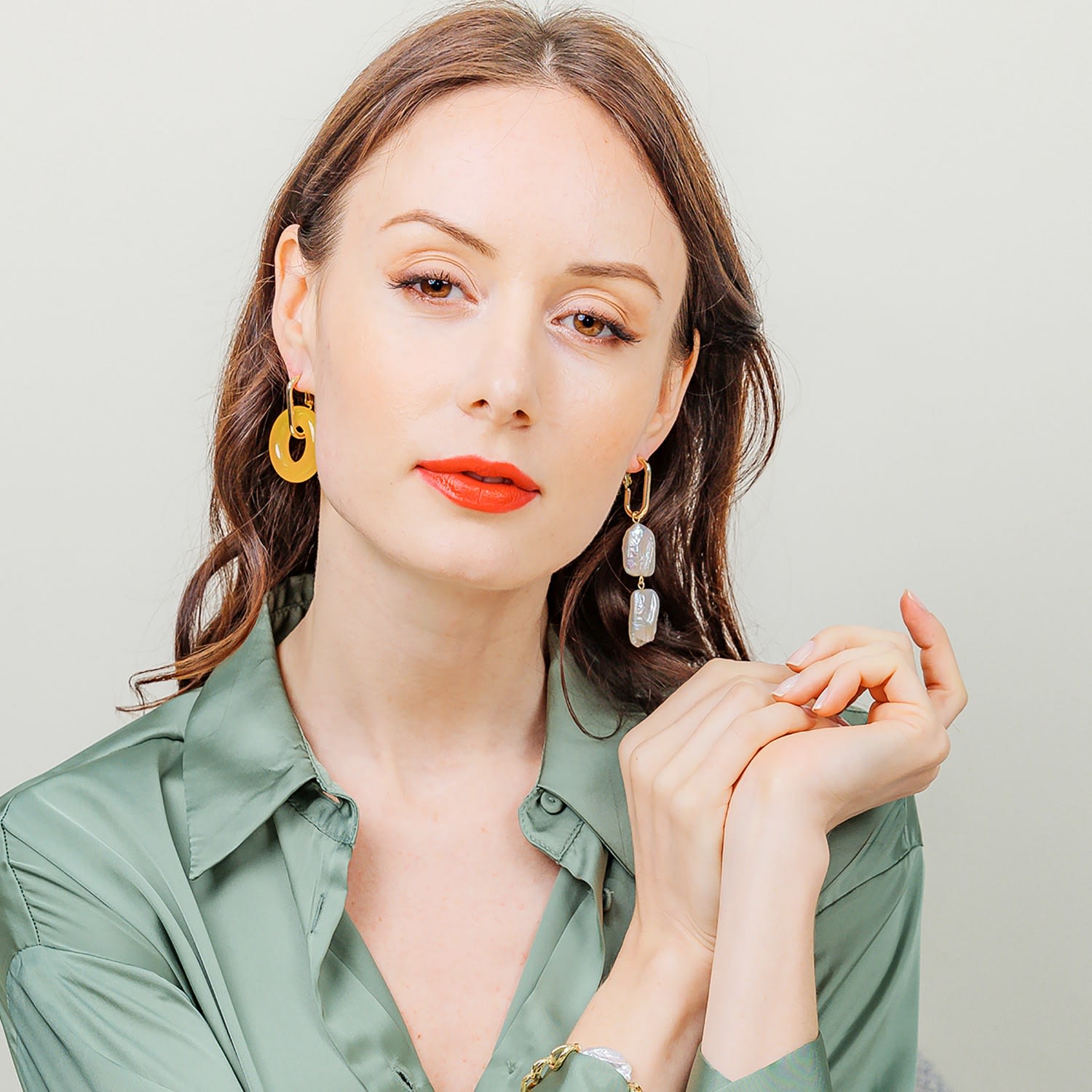 Round Olive Jade & Flat Freshwater Pearls Asymmetric Clip On Earrings