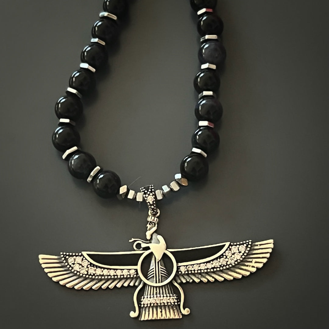 Guardian Angel Faravahar Pendant Black Tourmaline Beaded Necklace - Black