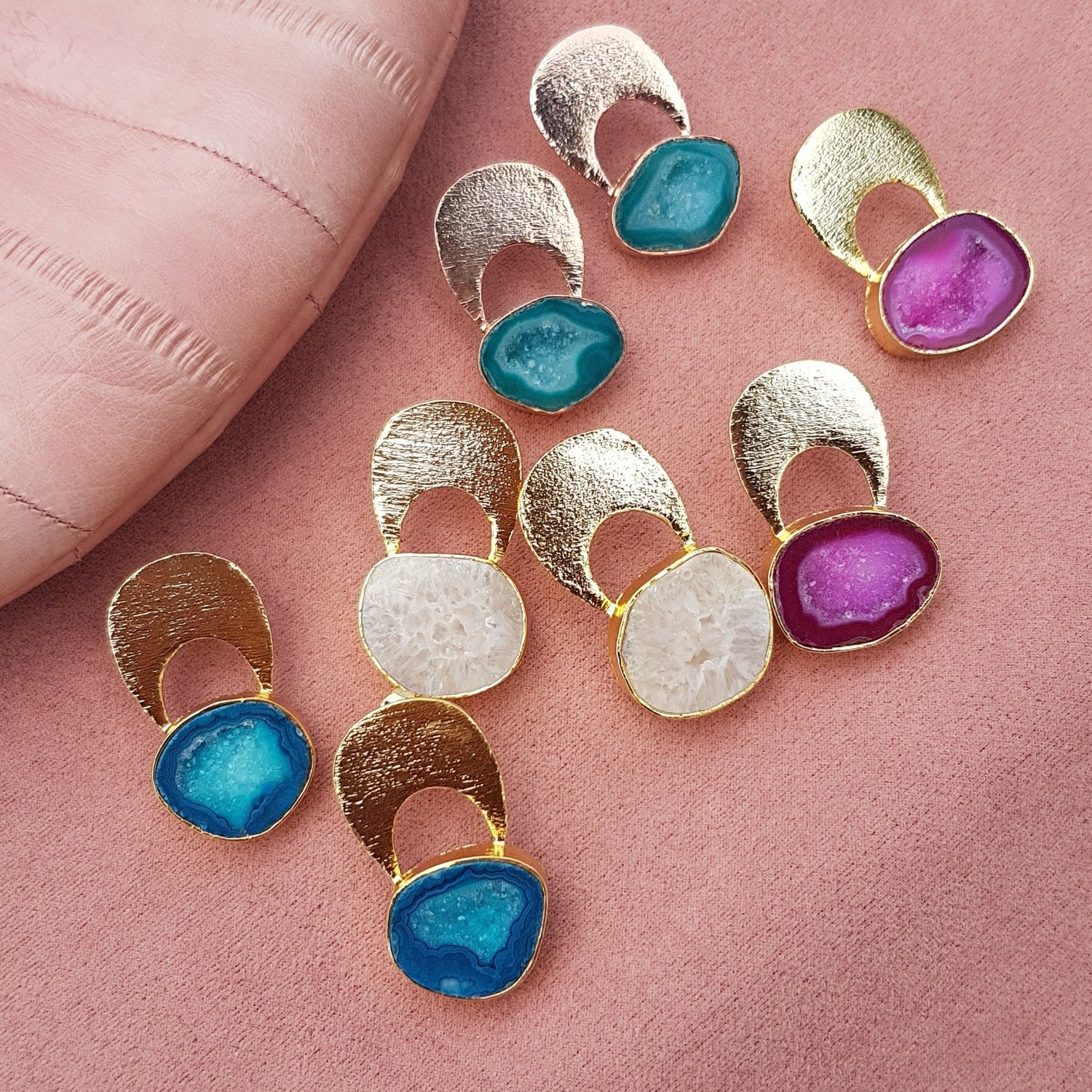 Quietly Confident Blue Agate Crystal Gold Earrings