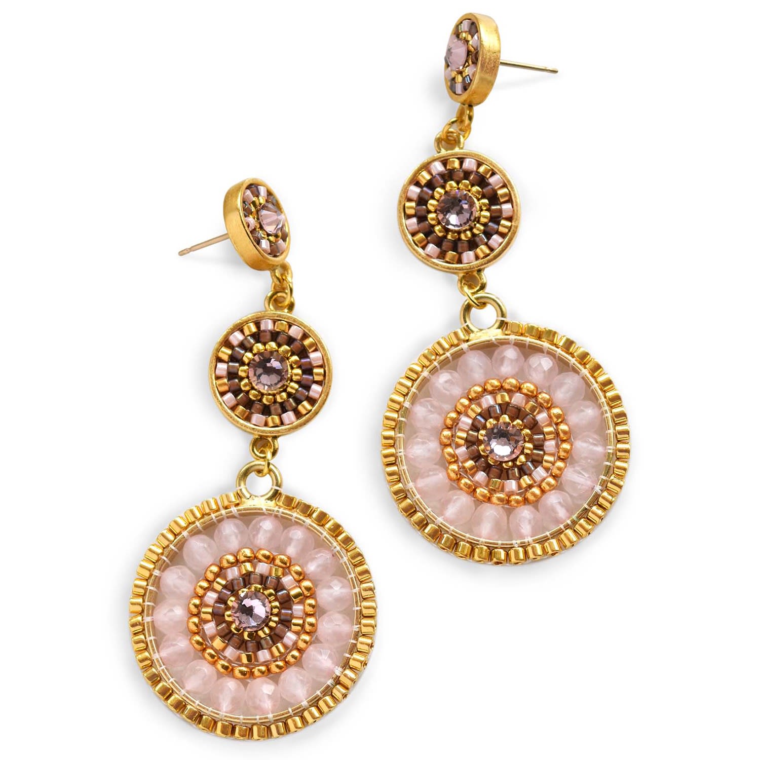 Luxe Triple Circle Statement Drop Earrings - Rose Quartz