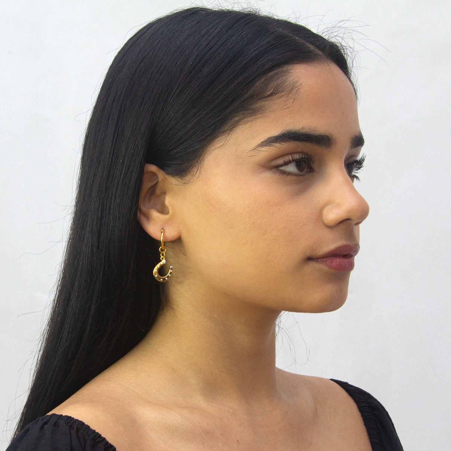 2 Tone 18Kt Gold Plated & Sterling Silver Mini Horse Shoe Charm On Gold Plated Hoop Earing