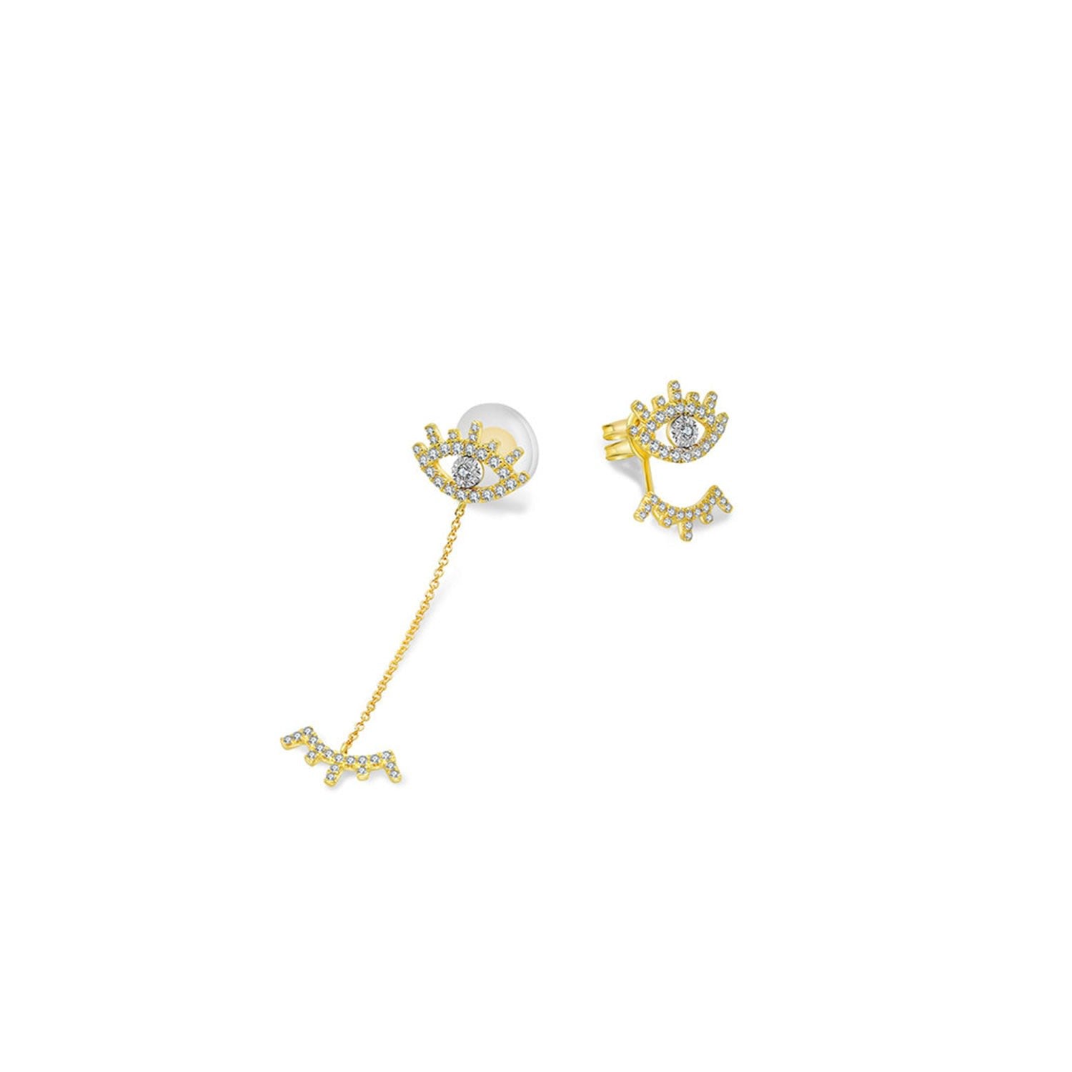18K Yellow Gold Evil Eye & Eyelash Diamond Chain Earring & Ear Jacket