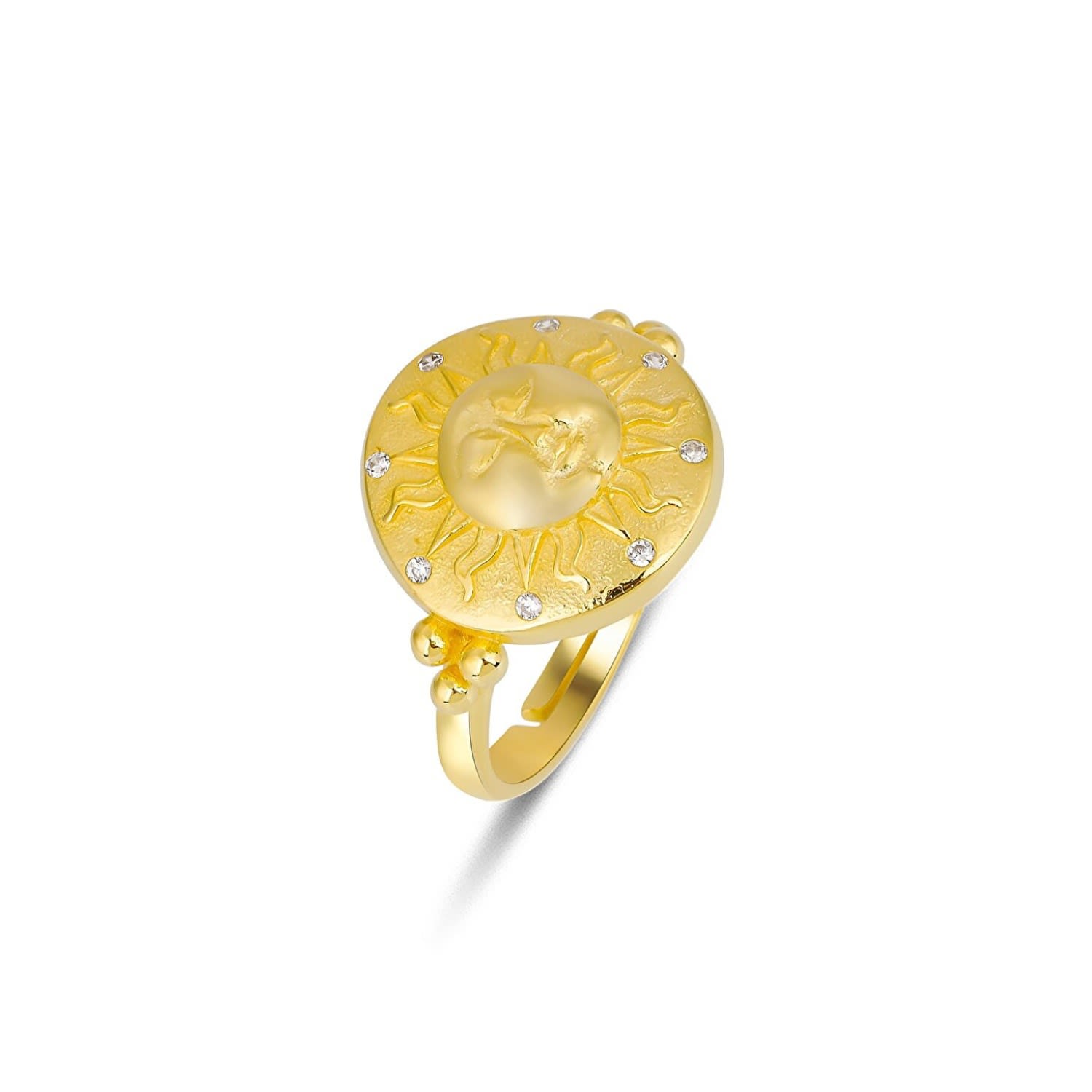 Sun And Face Embossed Sterling Silver Ring - Gold