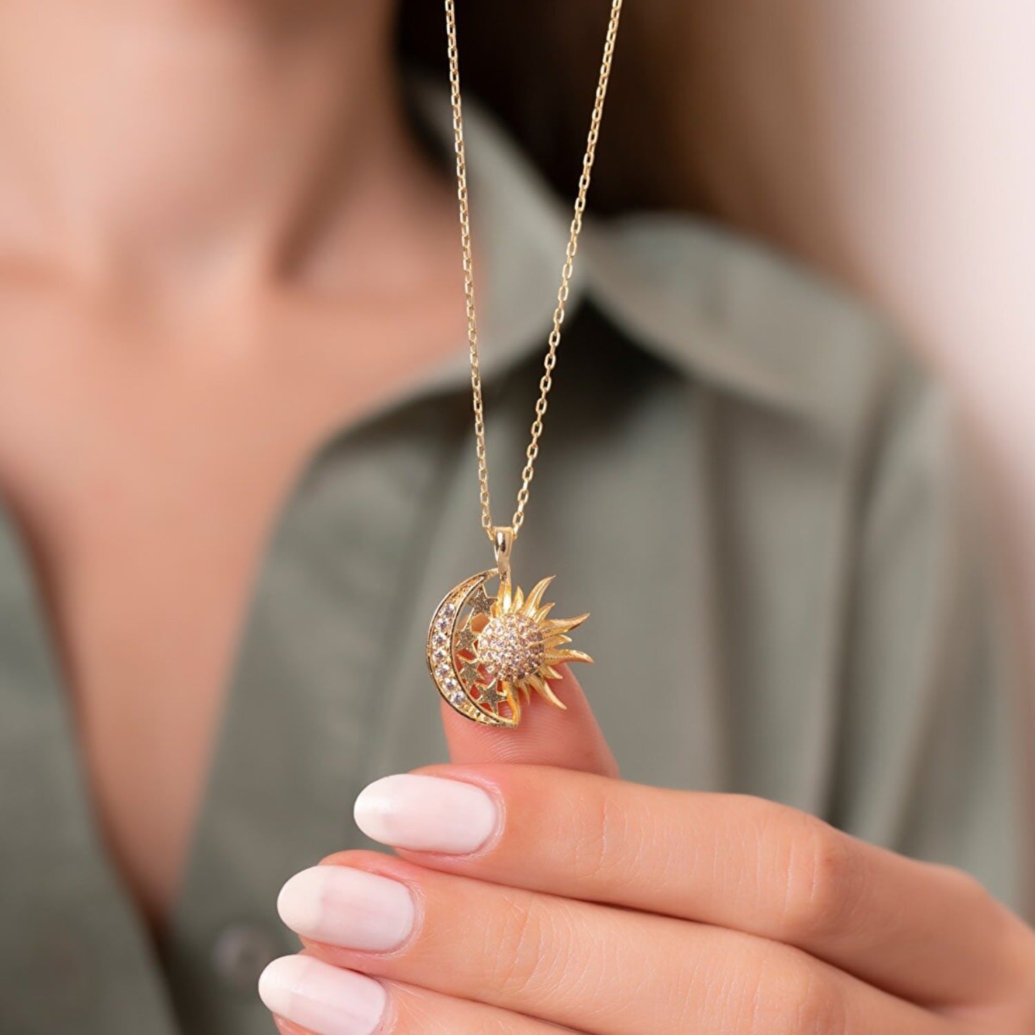 Sun And Moon Embossed Star Sterling Silver Gold Vermeil Pendant Necklace