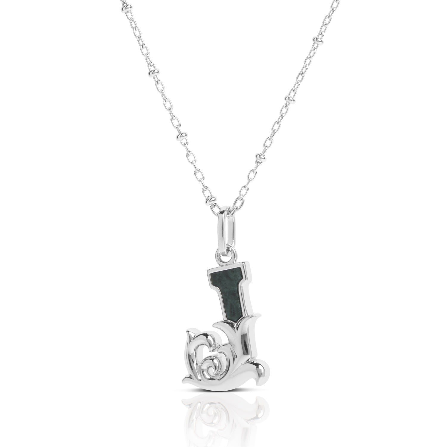 Solid Silver J Initial Necklace With Green Marble